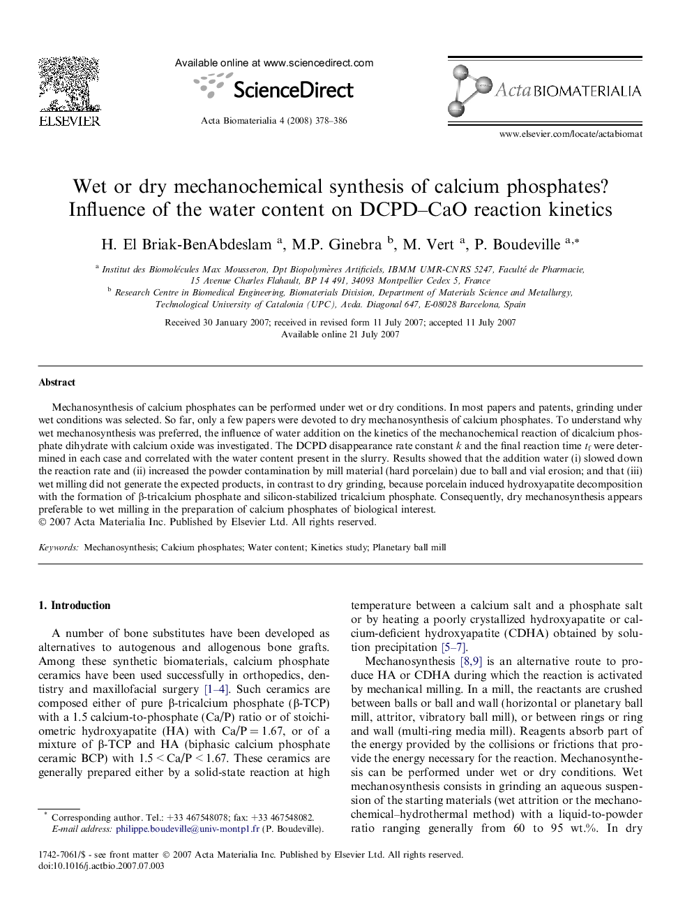 Wet or dry mechanochemical synthesis of calcium phosphates? Influence of the water content on DCPD–CaO reaction kinetics