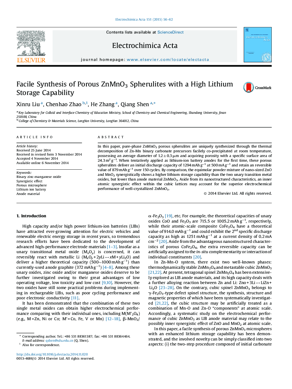 Facile Synthesis of Porous ZnMnO3 Spherulites with a High Lithium Storage Capability