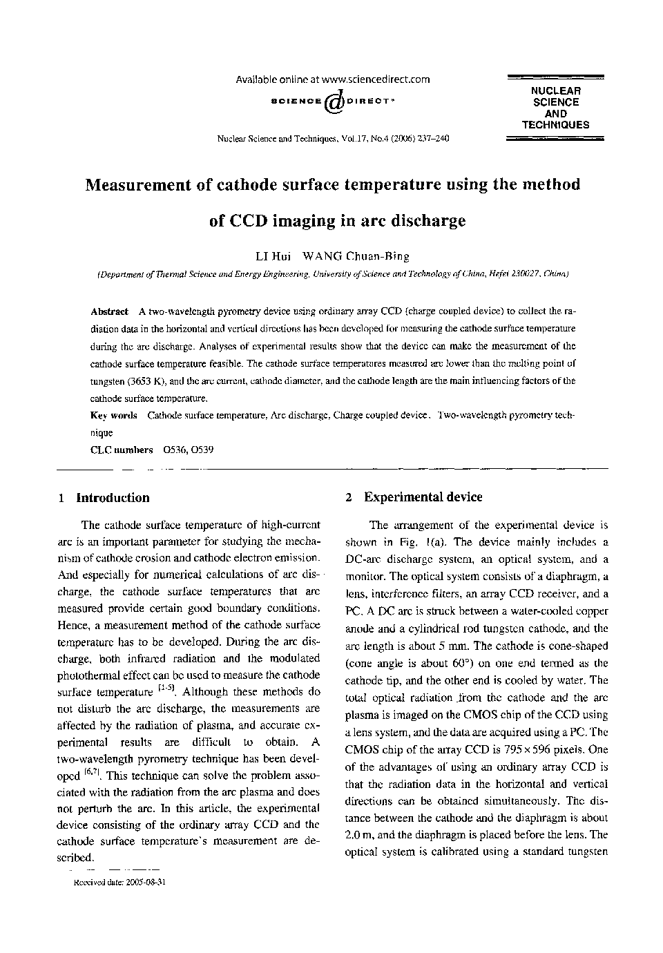 Measurement of cathode surface temperature using the method of CCD imaging in arc discharge