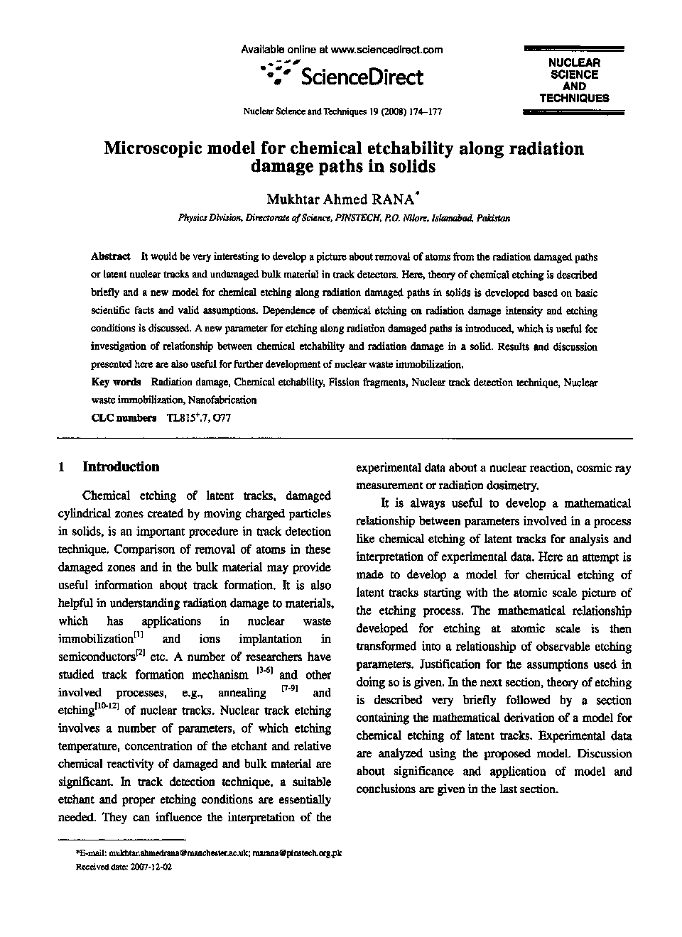 Microscopic model for chemical etchability along radiation damage paths in solids