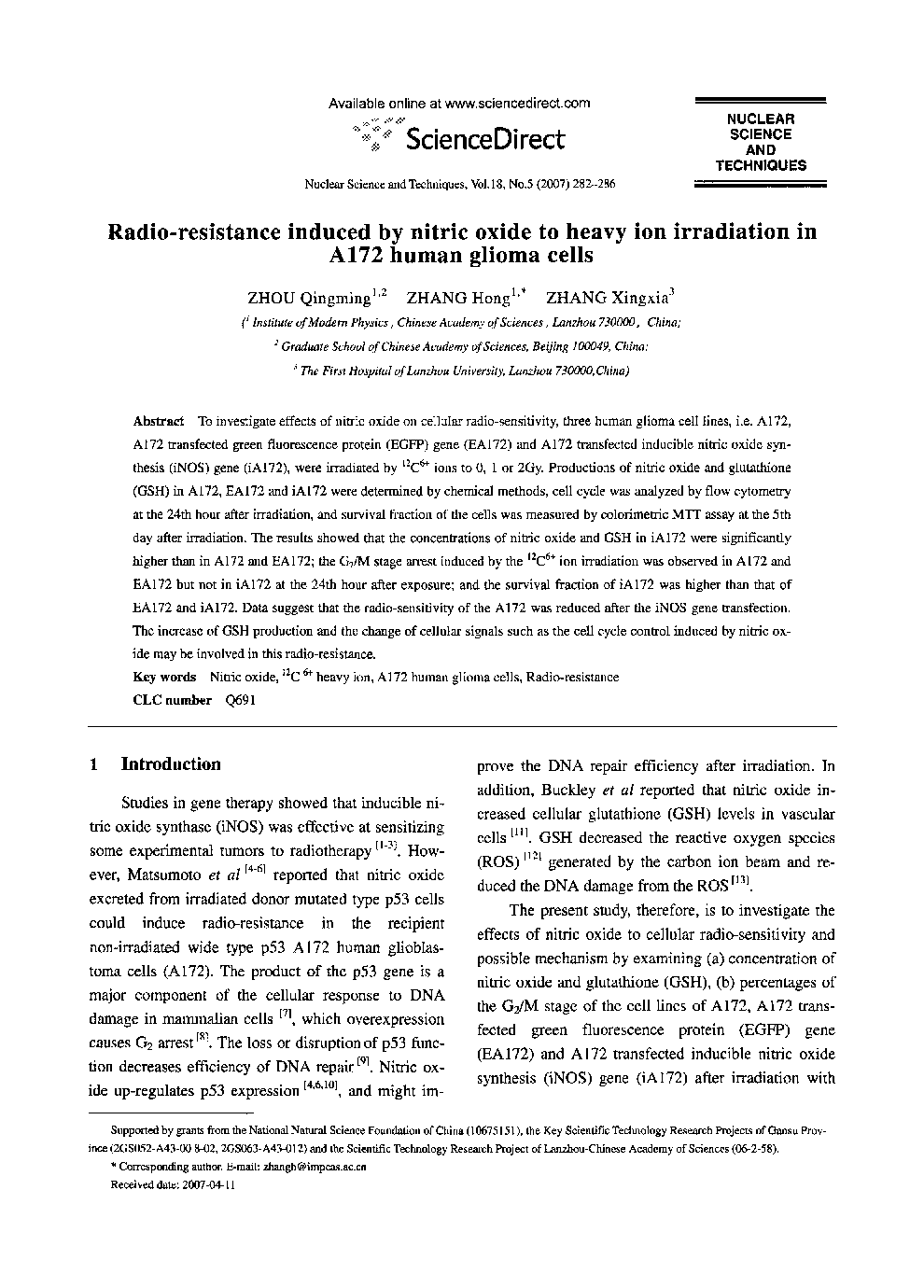 Radio-resistance induced by nitric oxide to heavy ion irradiation in A172 human glioma cells