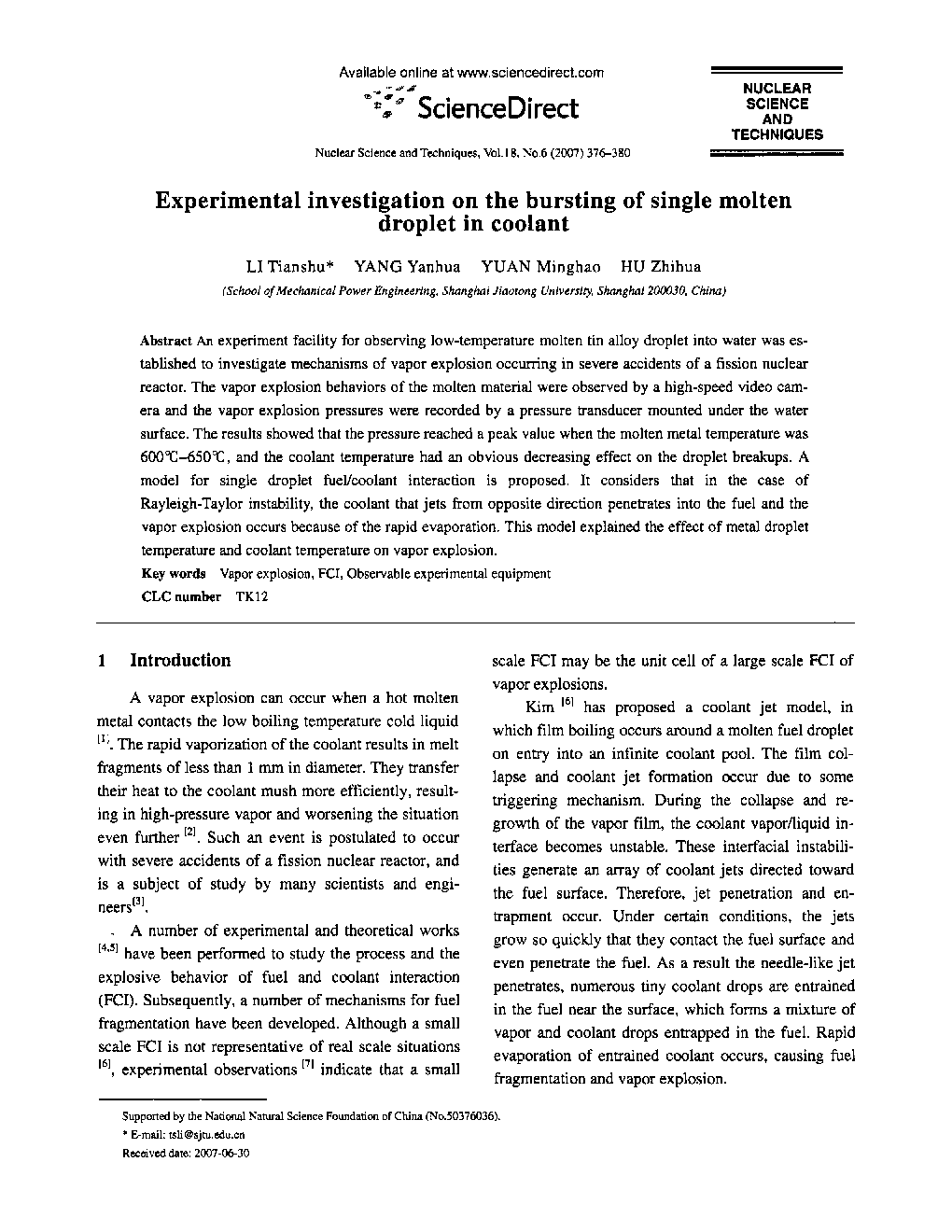 Experimental investigation on the bursting of single molten droplet in coolant