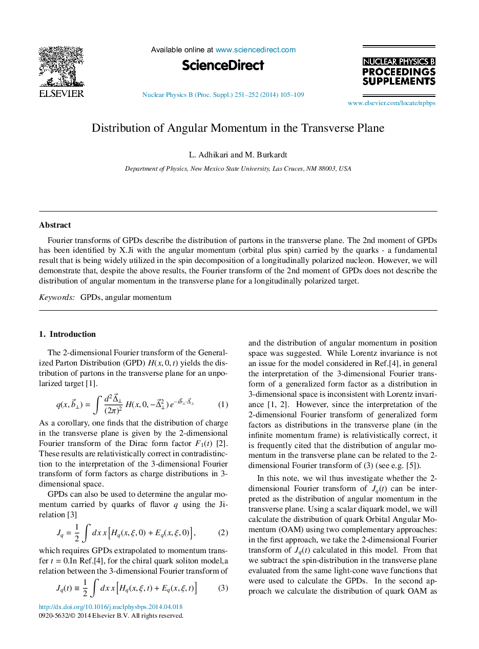 Distribution of Angular Momentum in the Transverse Plane