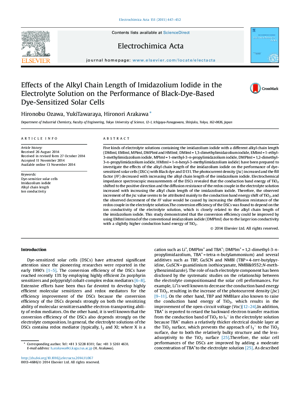 Effects of the Alkyl Chain Length of Imidazolium Iodide in the Electrolyte Solution on the Performance of Black-Dye-Based Dye-Sensitized Solar Cells