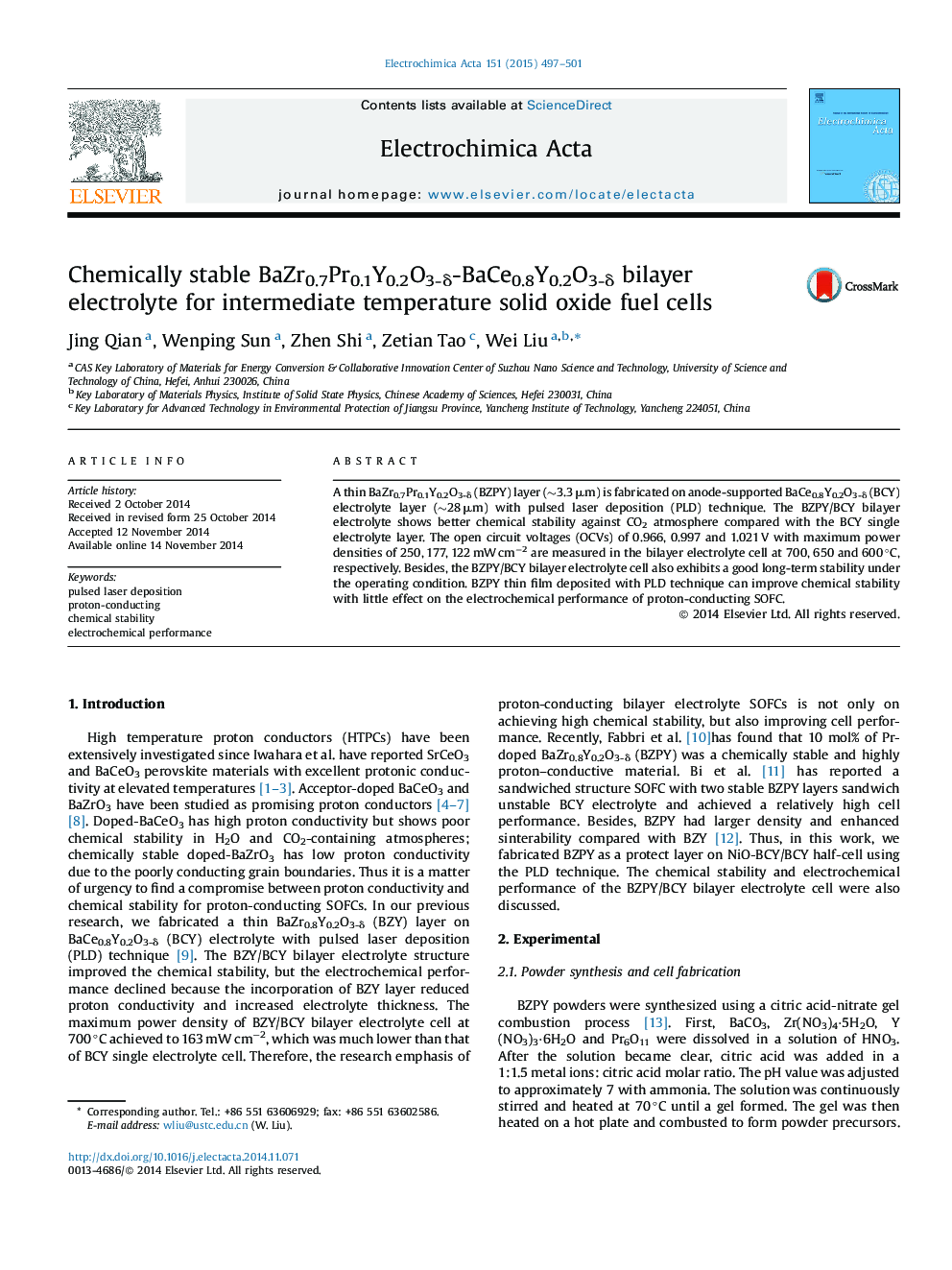 Chemically stable BaZr0.7Pr0.1Y0.2O3-δ-BaCe0.8Y0.2O3-δ bilayer electrolyte for intermediate temperature solid oxide fuel cells