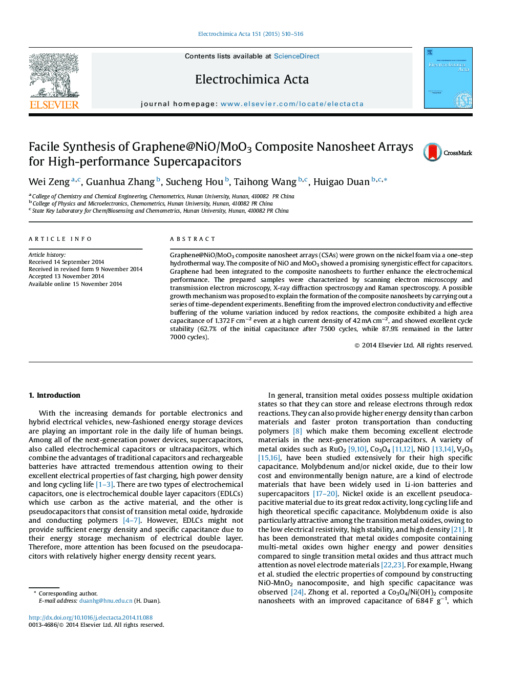 Facile Synthesis of Graphene@NiO/MoO3 Composite Nanosheet Arrays for High-performance Supercapacitors