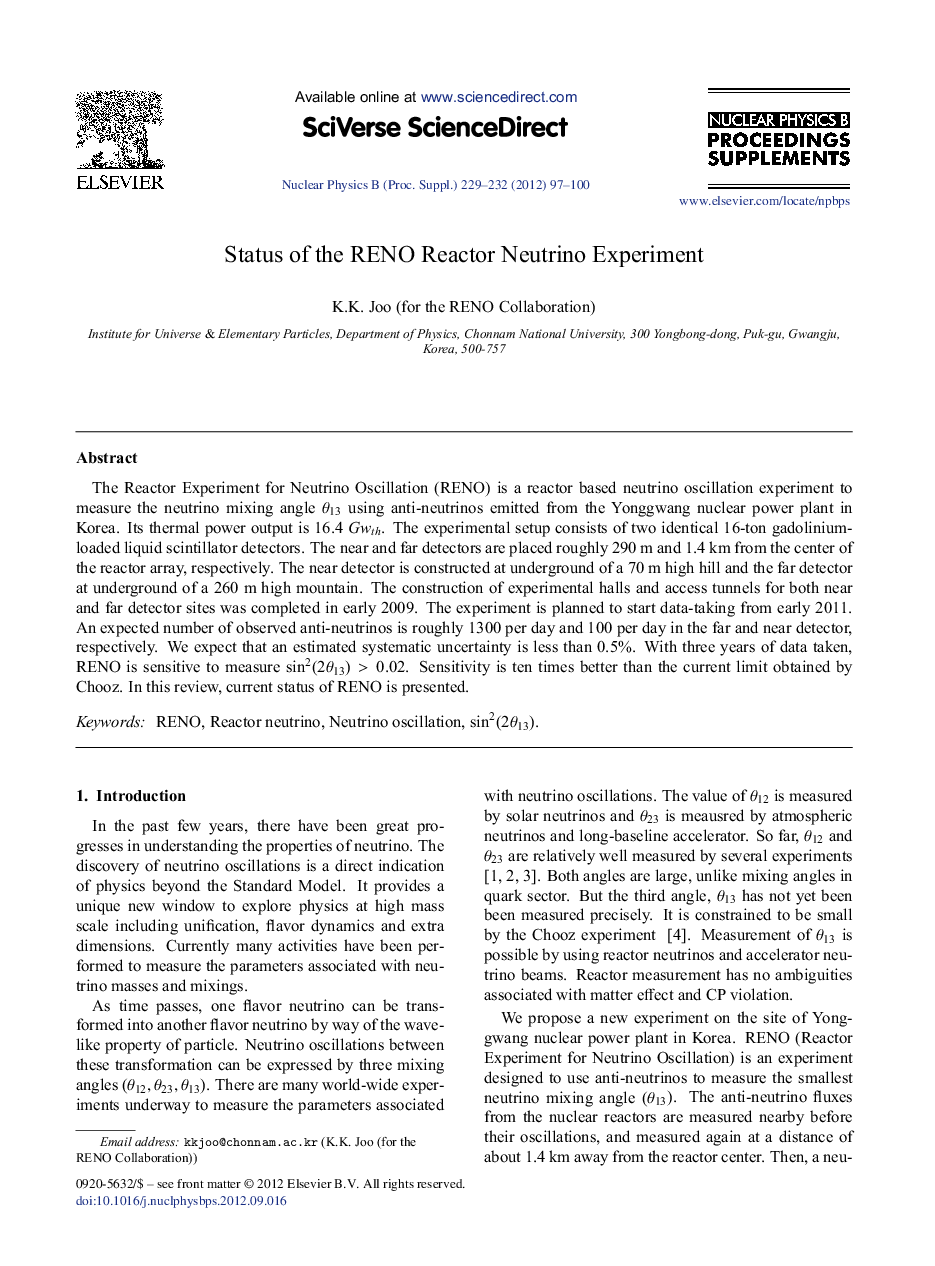 Status of the RENO Reactor Neutrino Experiment