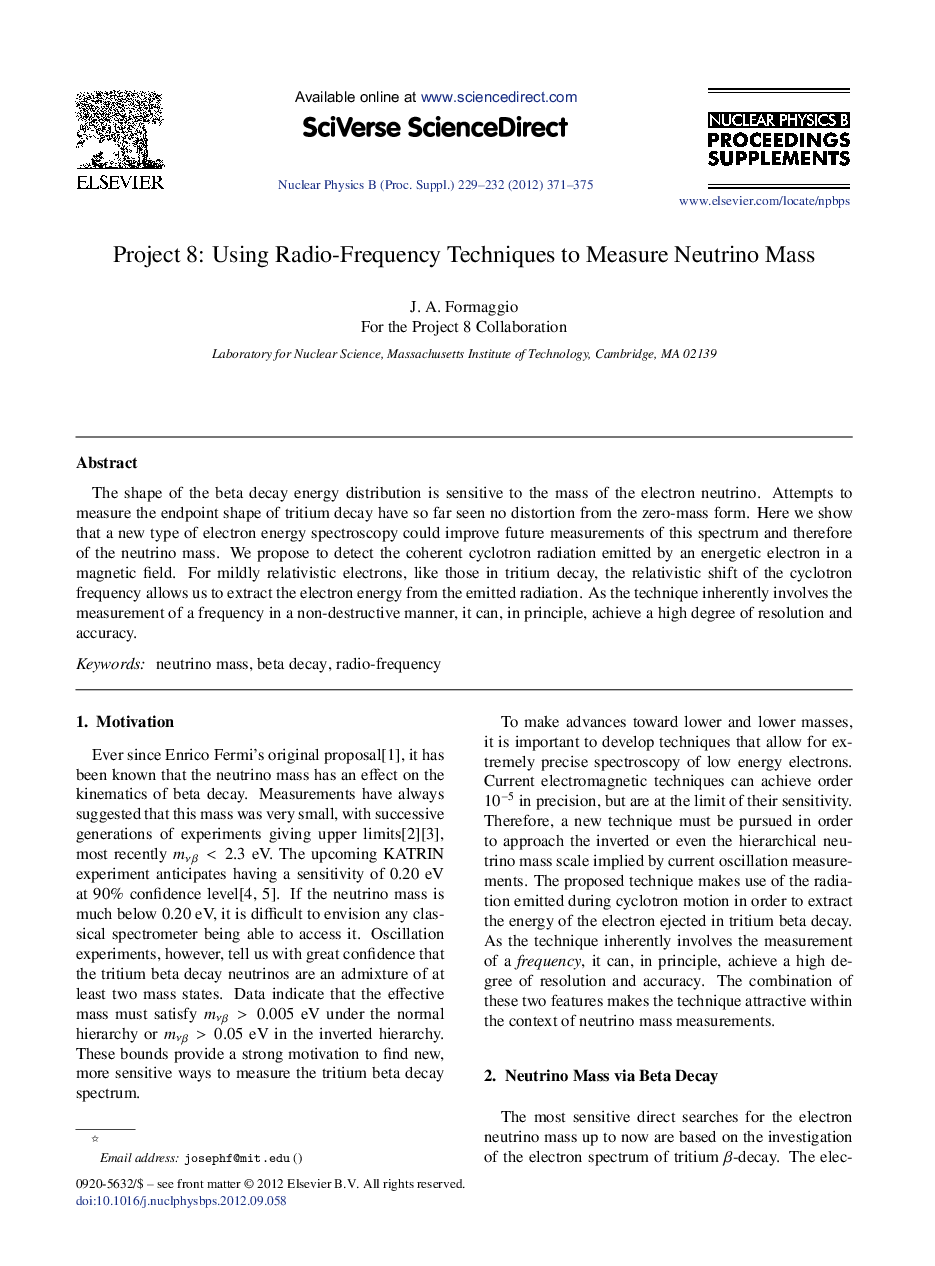 Project 8: Using Radio-Frequency Techniques to Measure Neutrino Mass