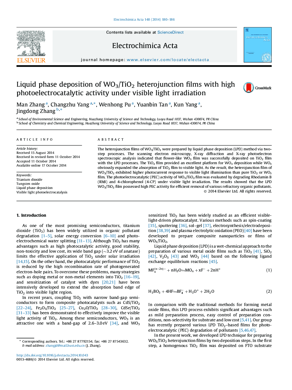 Liquid phase deposition of WO3/TiO2 heterojunction films with high photoelectrocatalytic activity under visible light irradiation