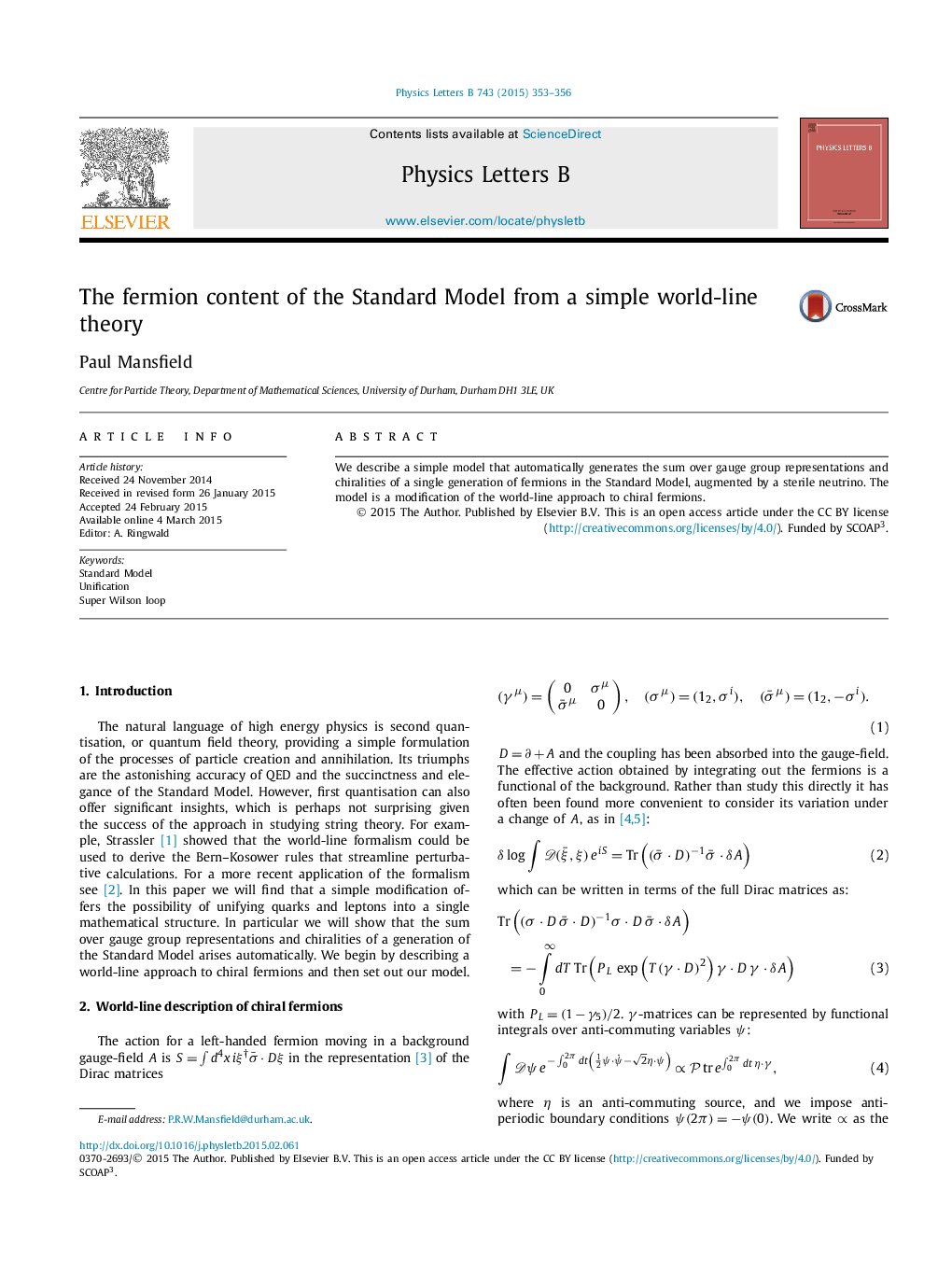 The fermion content of the Standard Model from a simple world-line theory