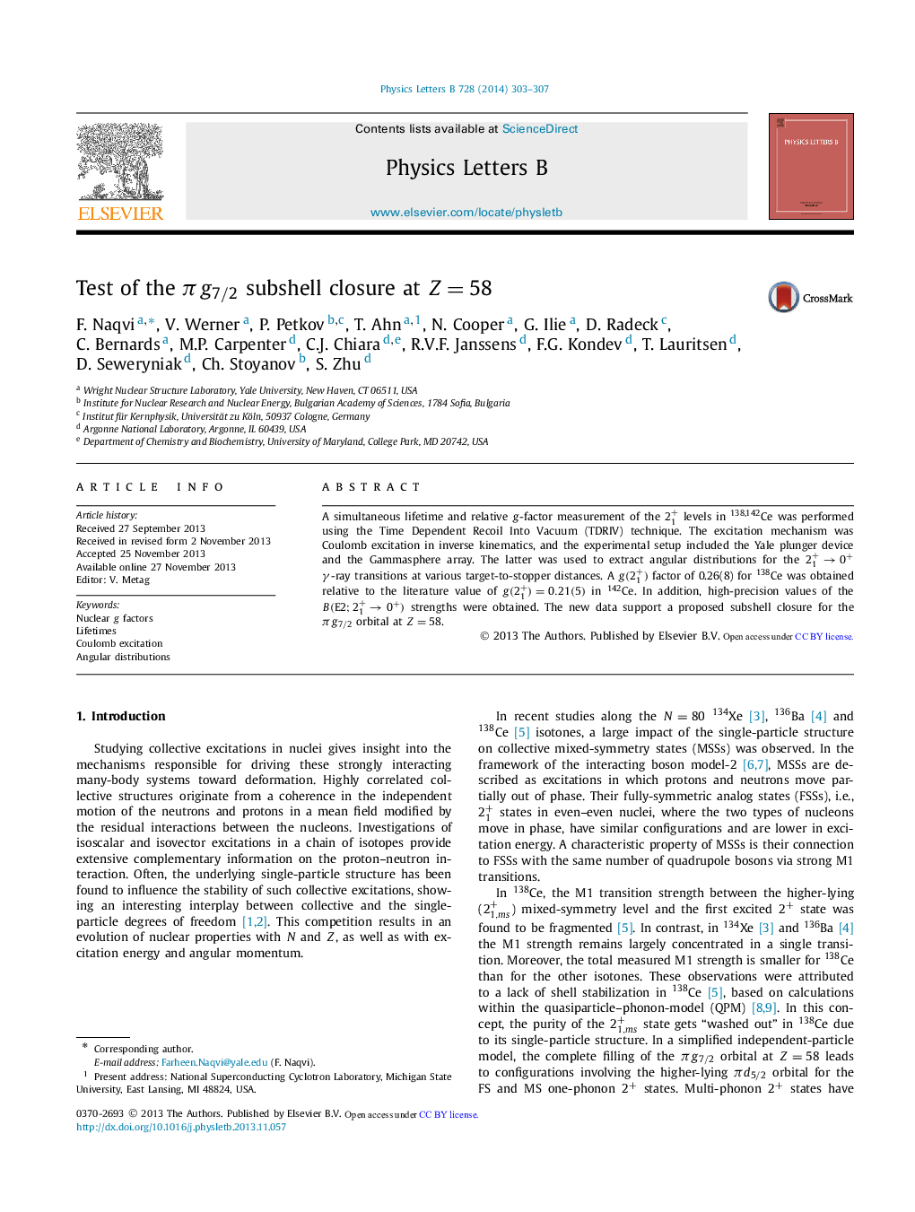 Test of the πg7/2πg7/2 subshell closure at Z=58Z=58