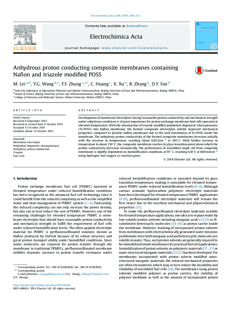 Anhydrous proton conducting composite membranes containing Nafion and triazole modified POSS