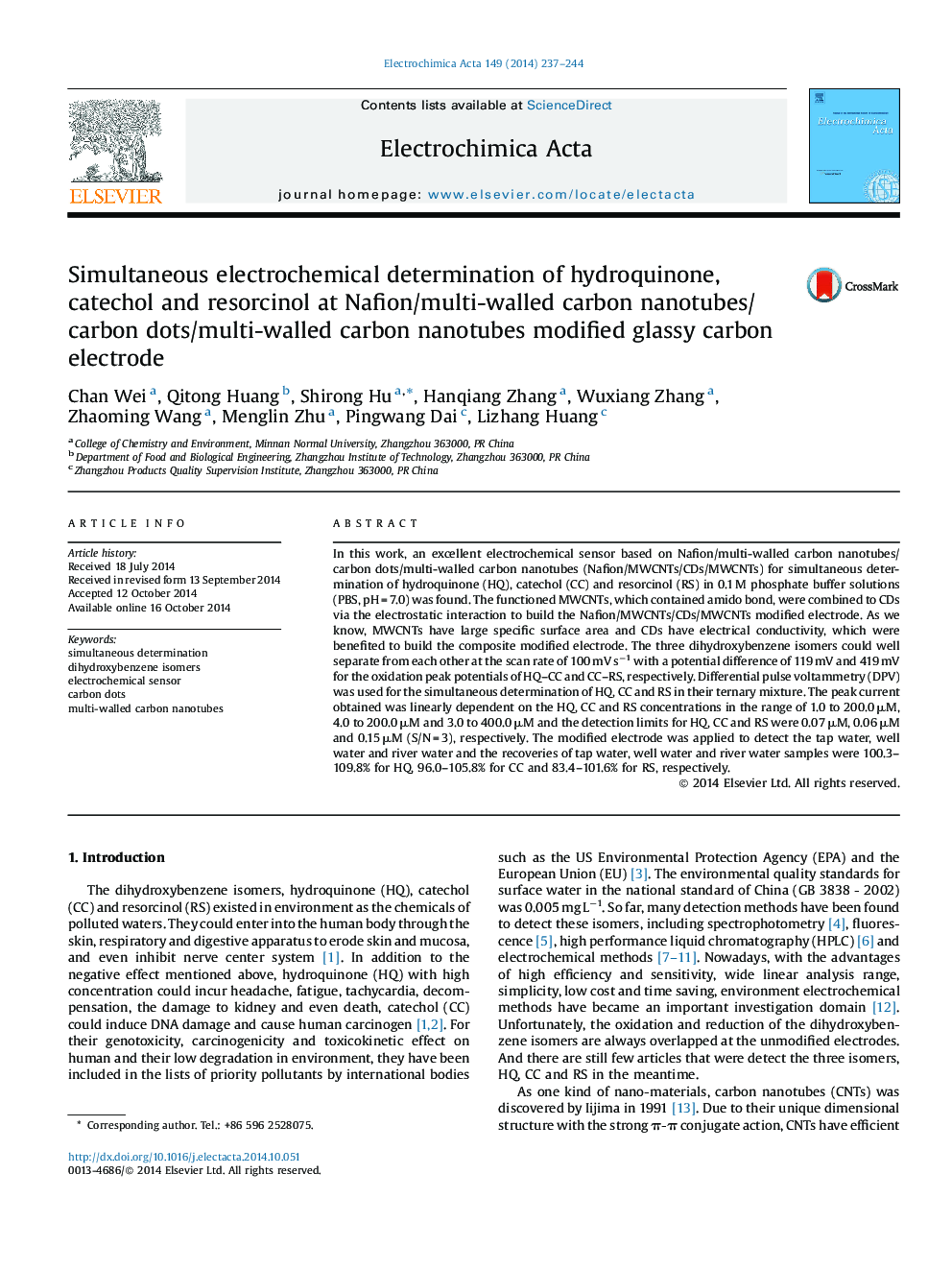 Simultaneous electrochemical determination of hydroquinone, catechol and resorcinol at Nafion/multi-walled carbon nanotubes/carbon dots/multi-walled carbon nanotubes modified glassy carbon electrode