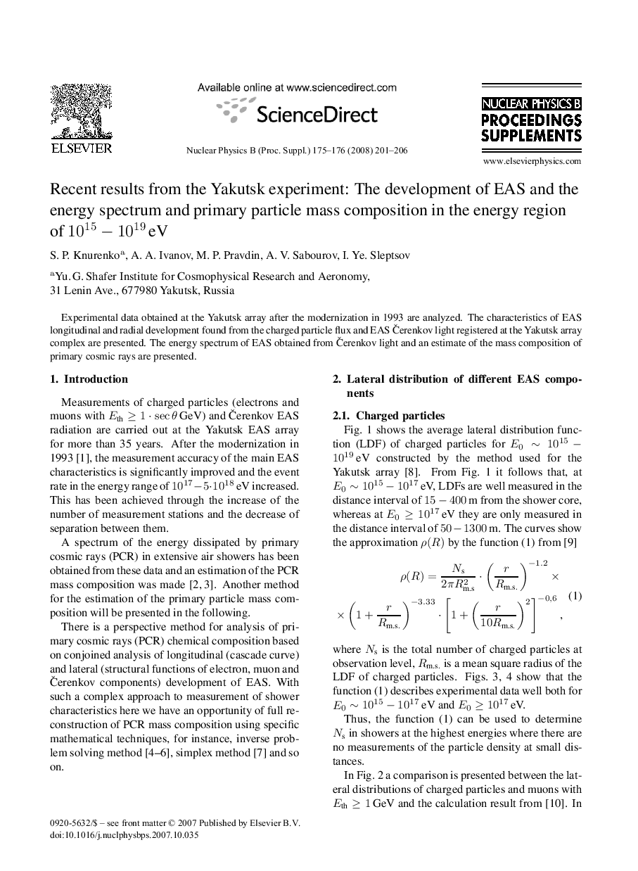 Recent results from the Yakutsk experiment: The development of EAS and the energy spectrum and primary particle mass composition in the energy region of 1015–1019 eV