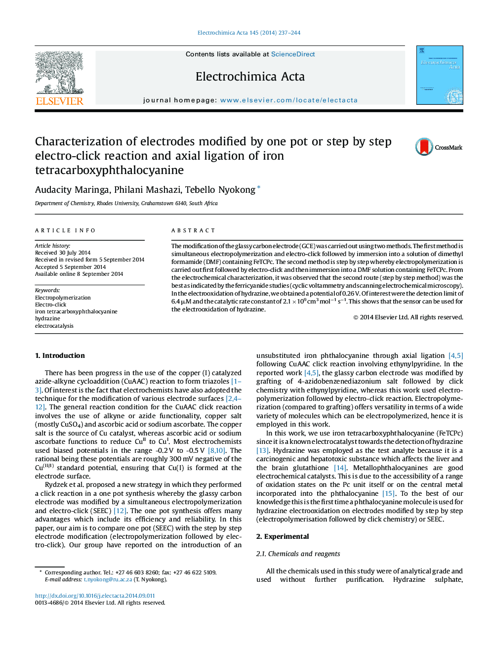 Characterization of electrodes modified by one pot or step by step electro-click reaction and axial ligation of iron tetracarboxyphthalocyanine