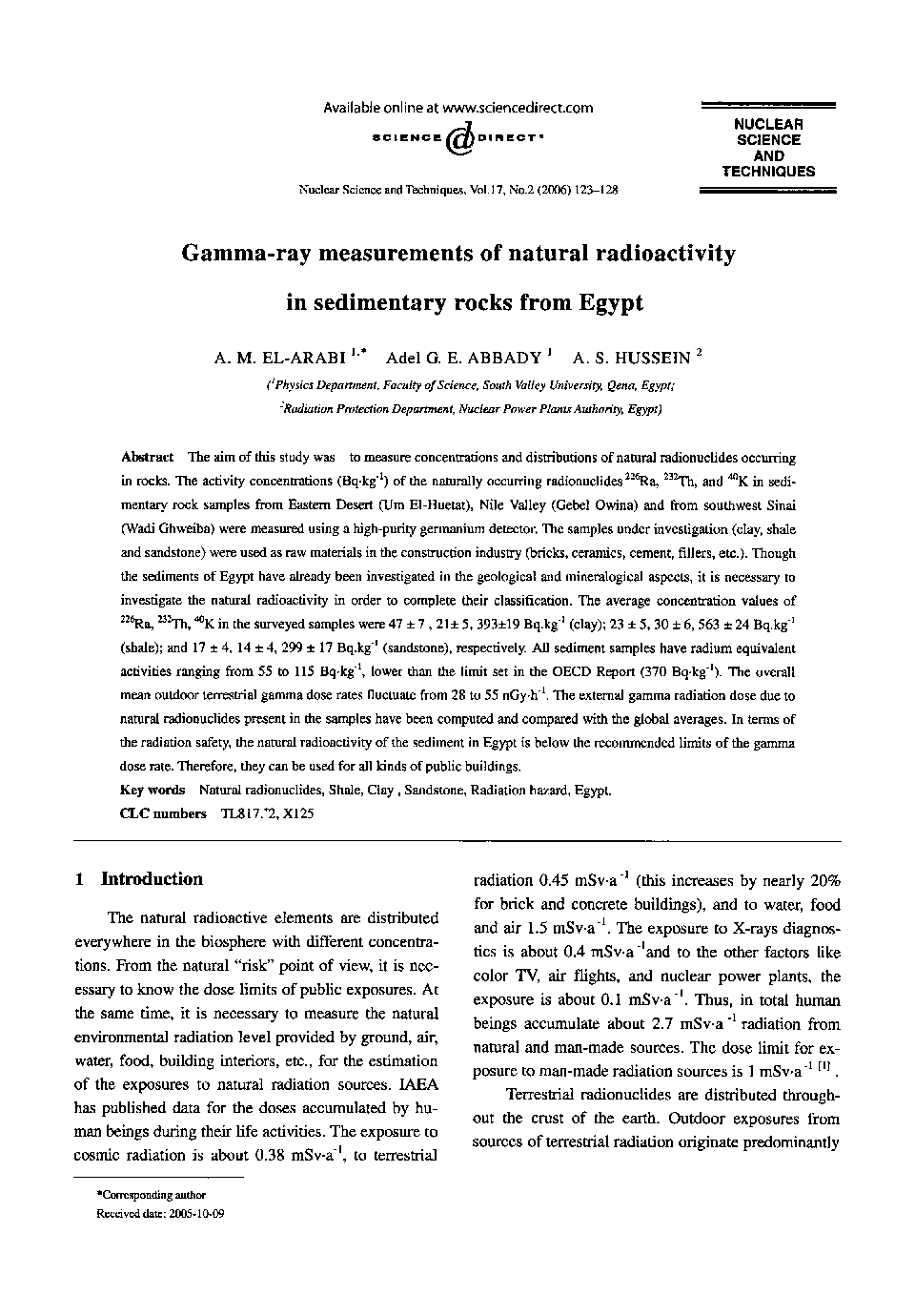 Gamma-ray measurements of natural radioactivity in sedimentary rocks from Egypt