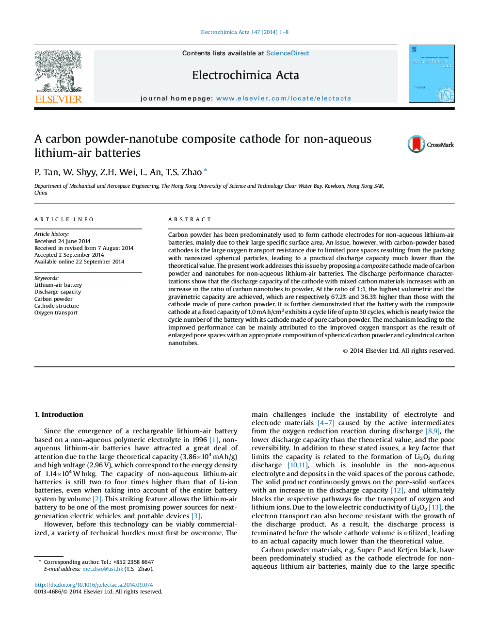 A carbon powder-nanotube composite cathode for non-aqueous lithium-air batteries