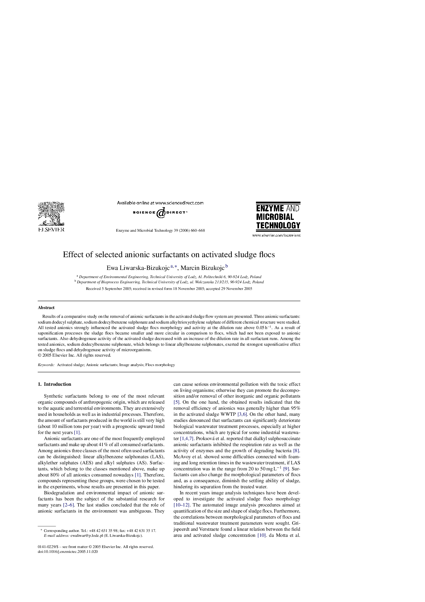 Effect of selected anionic surfactants on activated sludge flocs