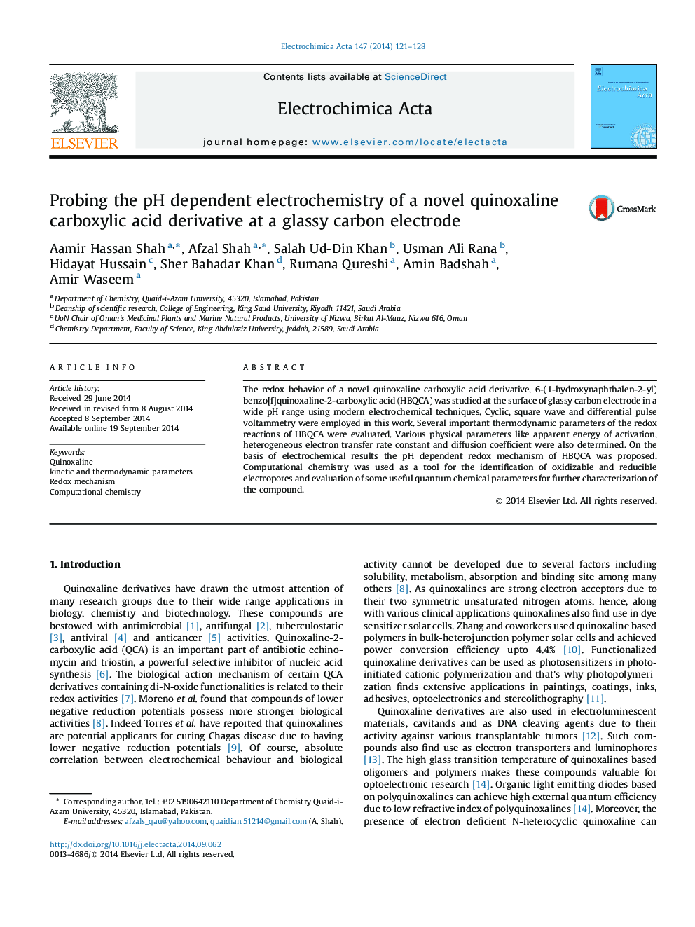 Probing the pH dependent electrochemistry of a novel quinoxaline carboxylic acid derivative at a glassy carbon electrode