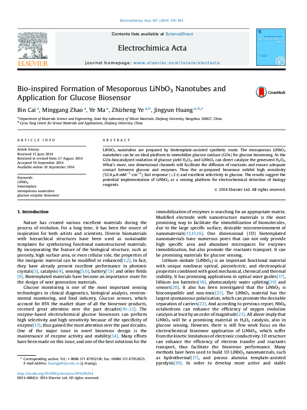 Bio-inspired Formation of Mesoporous LiNbO3 Nanotubes and Application for Glucose Biosensor