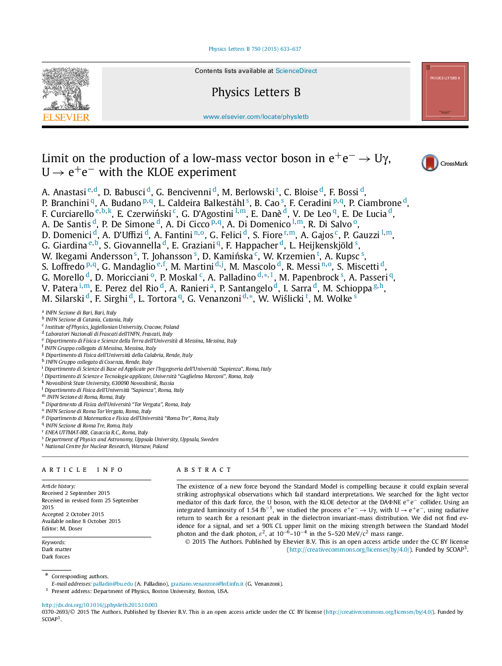 Limit on the production of a low-mass vector boson in e+eââUÎ³, Uâe+eâ with the KLOE experiment