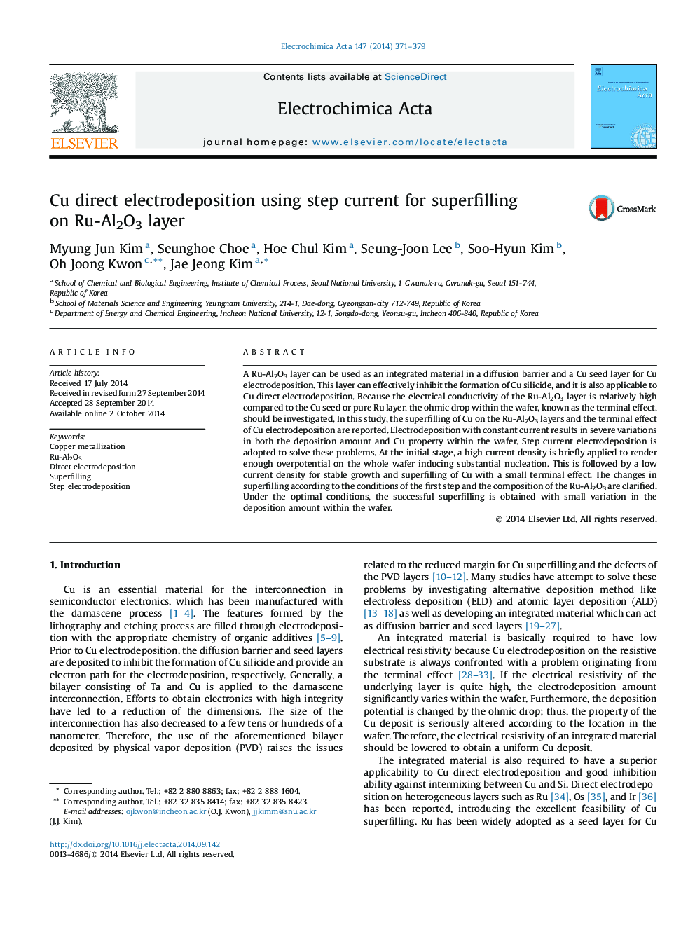 Cu direct electrodeposition using step current for superfilling on Ru-Al2O3 layer