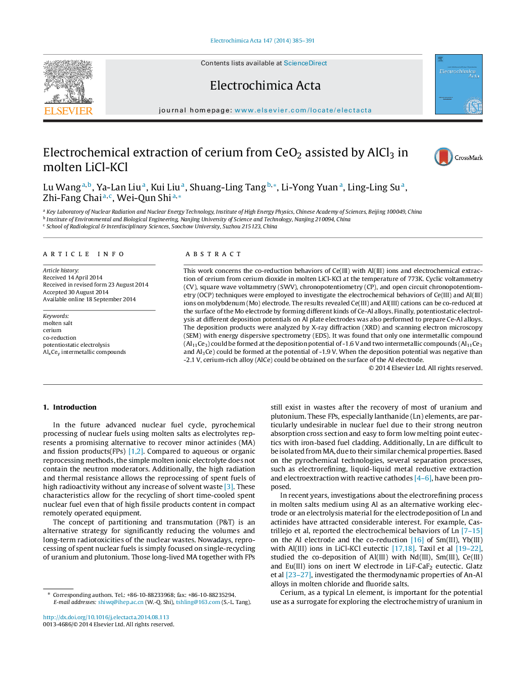 Electrochemical extraction of cerium from CeO2 assisted by AlCl3 in molten LiCl-KCl