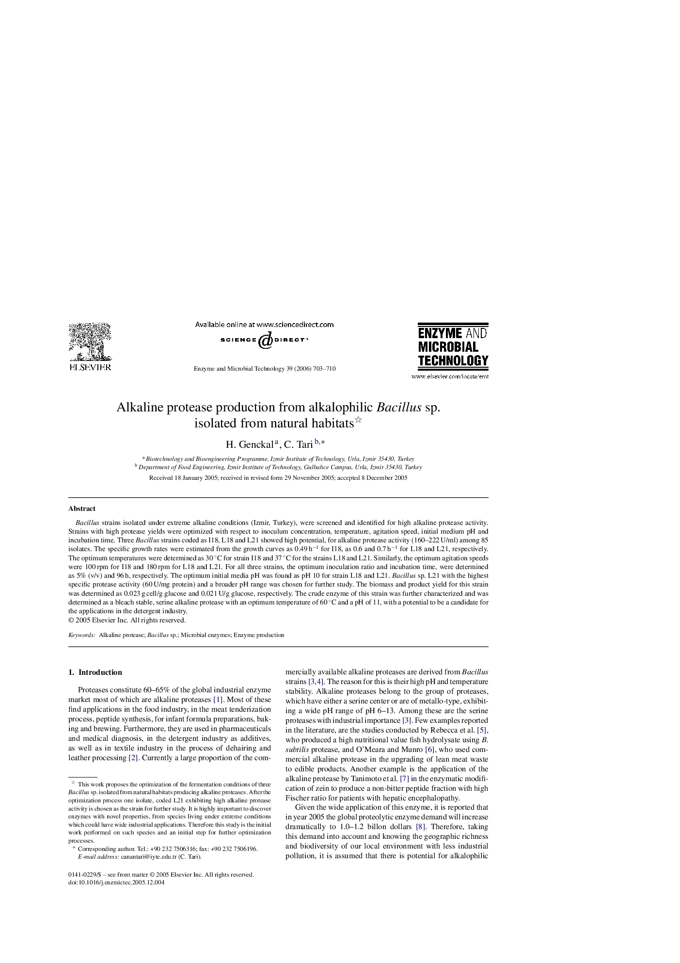 Alkaline protease production from alkalophilic Bacillus sp. isolated from natural habitats 