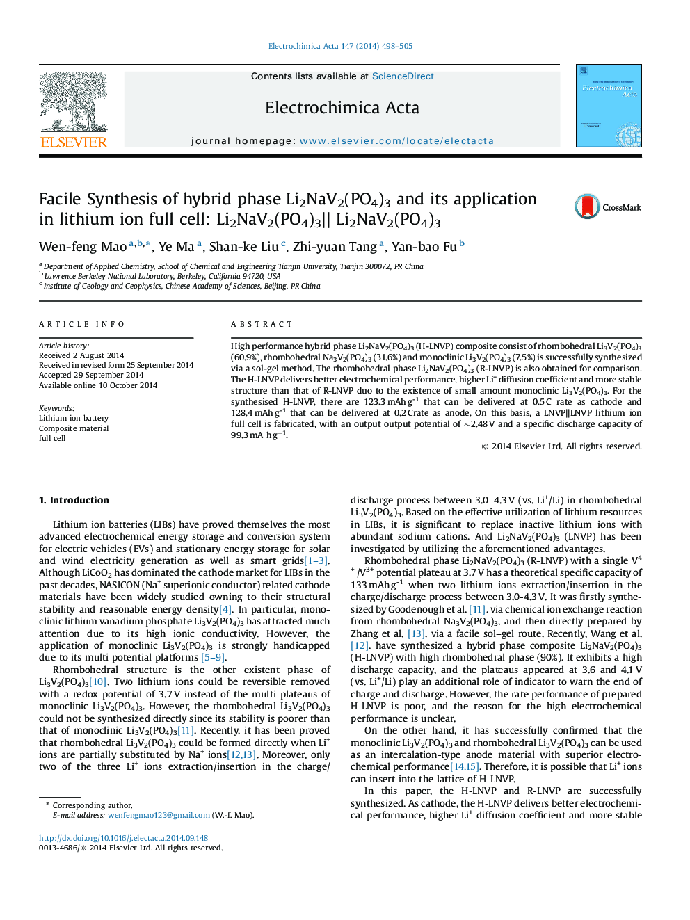 Facile Synthesis of hybrid phase Li2NaV2(PO4)3 and its application in lithium ion full cell: Li2NaV2(PO4)3|| Li2NaV2(PO4)3