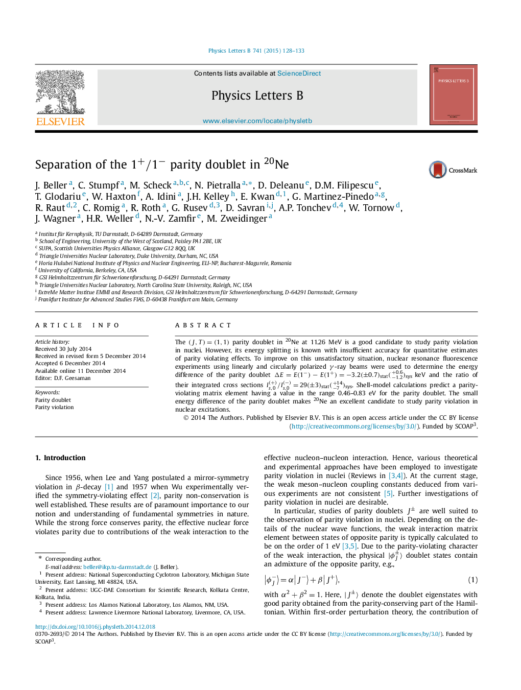 Separation of the 1+/1−1+/1− parity doublet in 20Ne