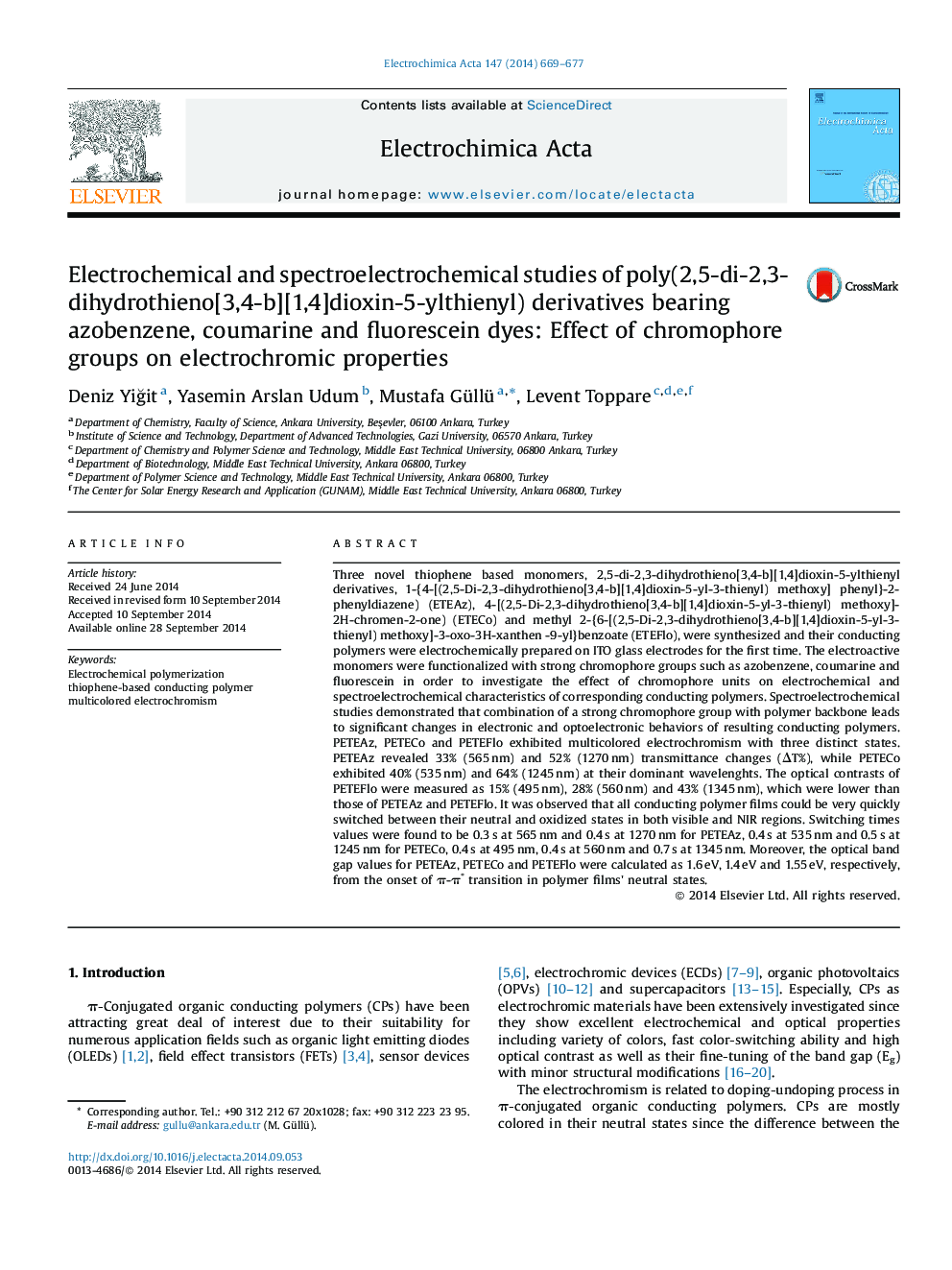 Electrochemical and spectroelectrochemical studies of poly(2,5-di-2,3-dihydrothieno[3,4-b][1,4]dioxin-5-ylthienyl) derivatives bearing azobenzene, coumarine and fluorescein dyes: Effect of chromophore groups on electrochromic properties