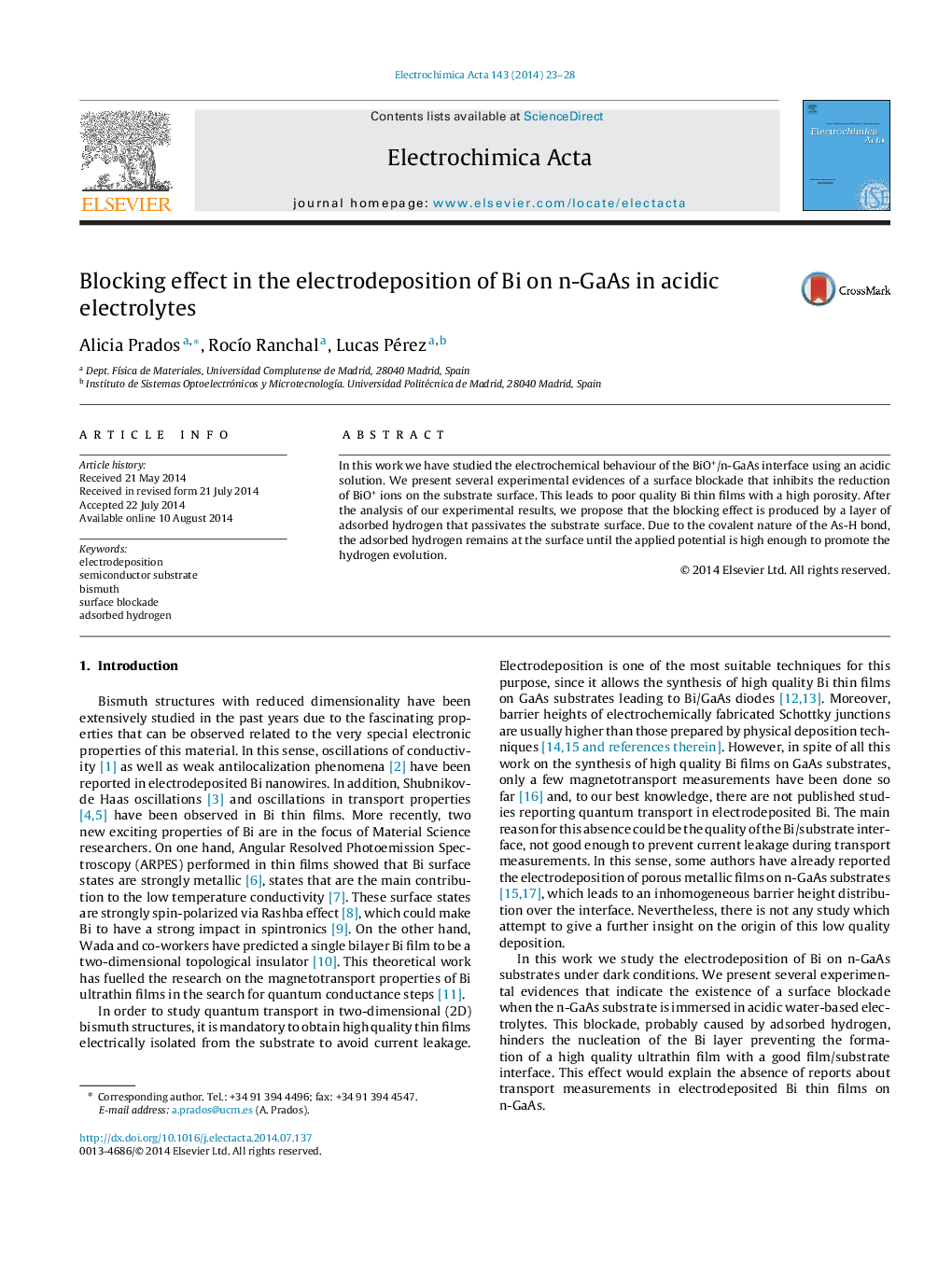 Blocking effect in the electrodeposition of Bi on n-GaAs in acidic electrolytes