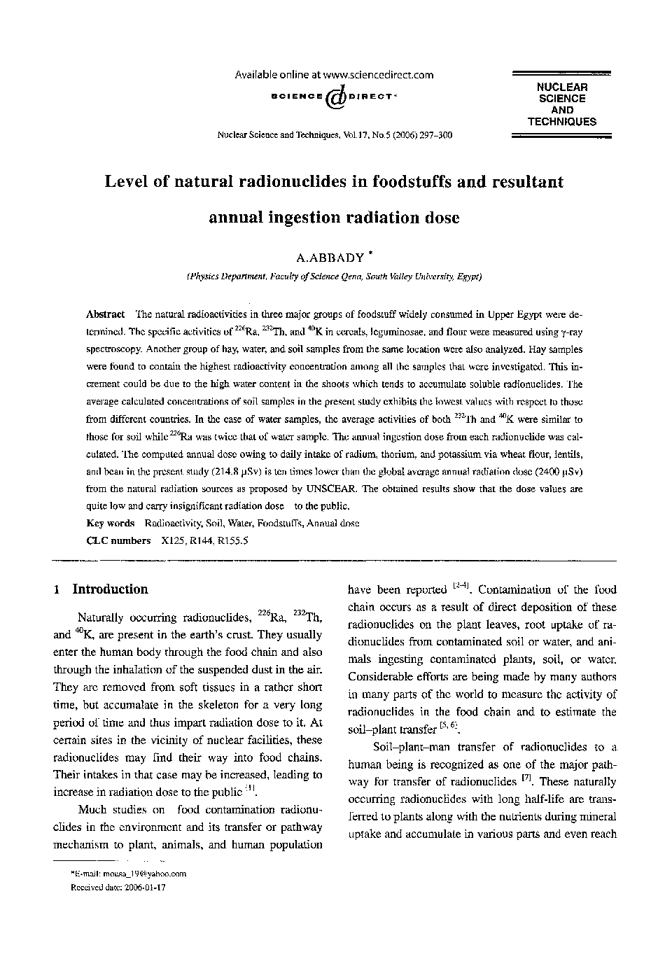 Level of natural radionuclides in foodstuffs and resultant annual ingestion radiation dose