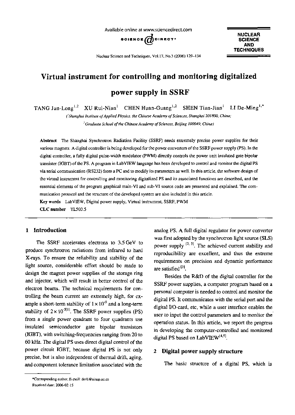 Virtual instrument for controlling and monitoring digitalized power supply in SSRF