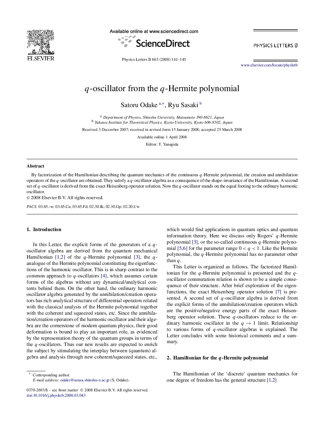 q-oscillator from the q-Hermite polynomial