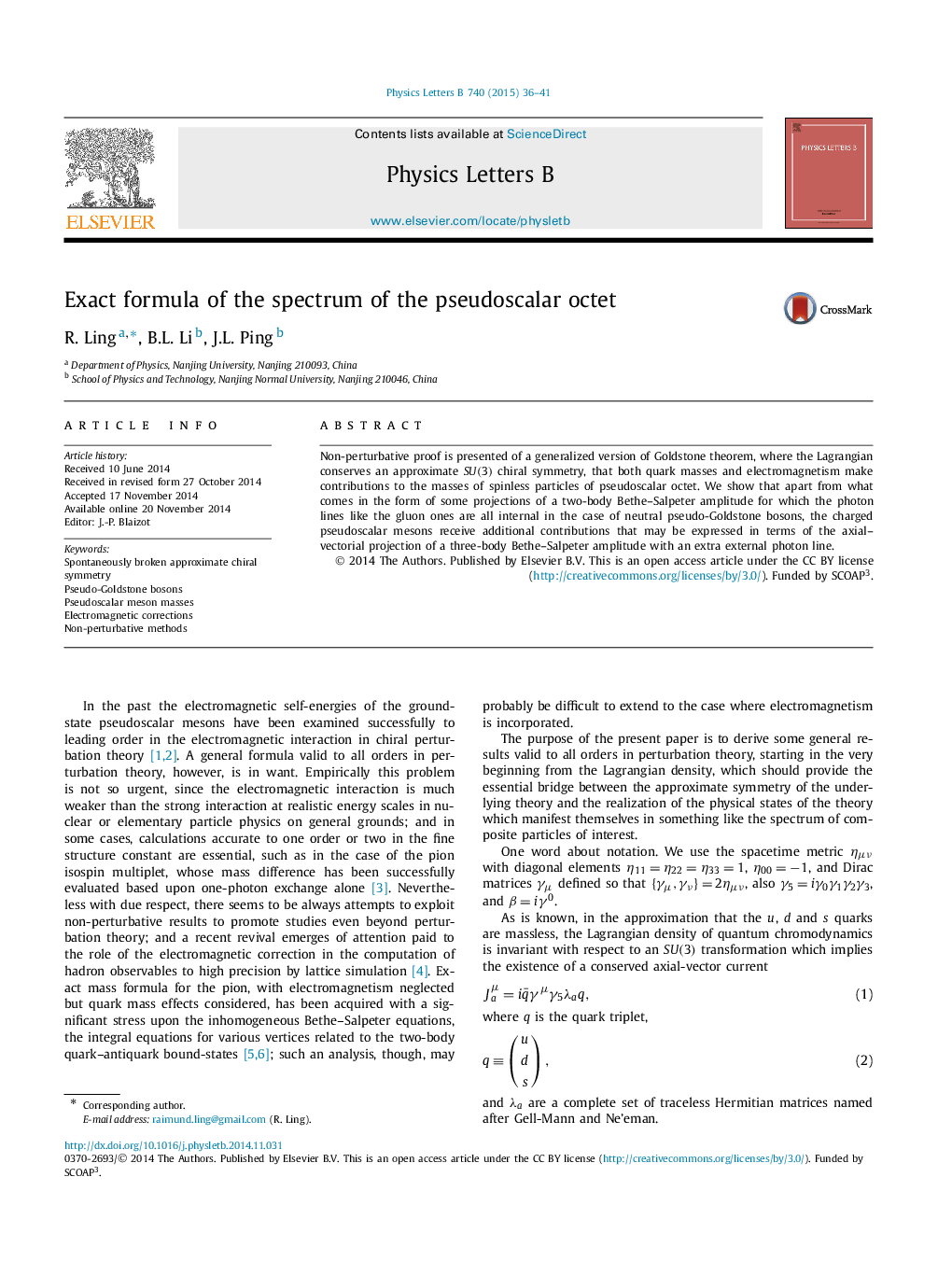 Exact formula of the spectrum of the pseudoscalar octet