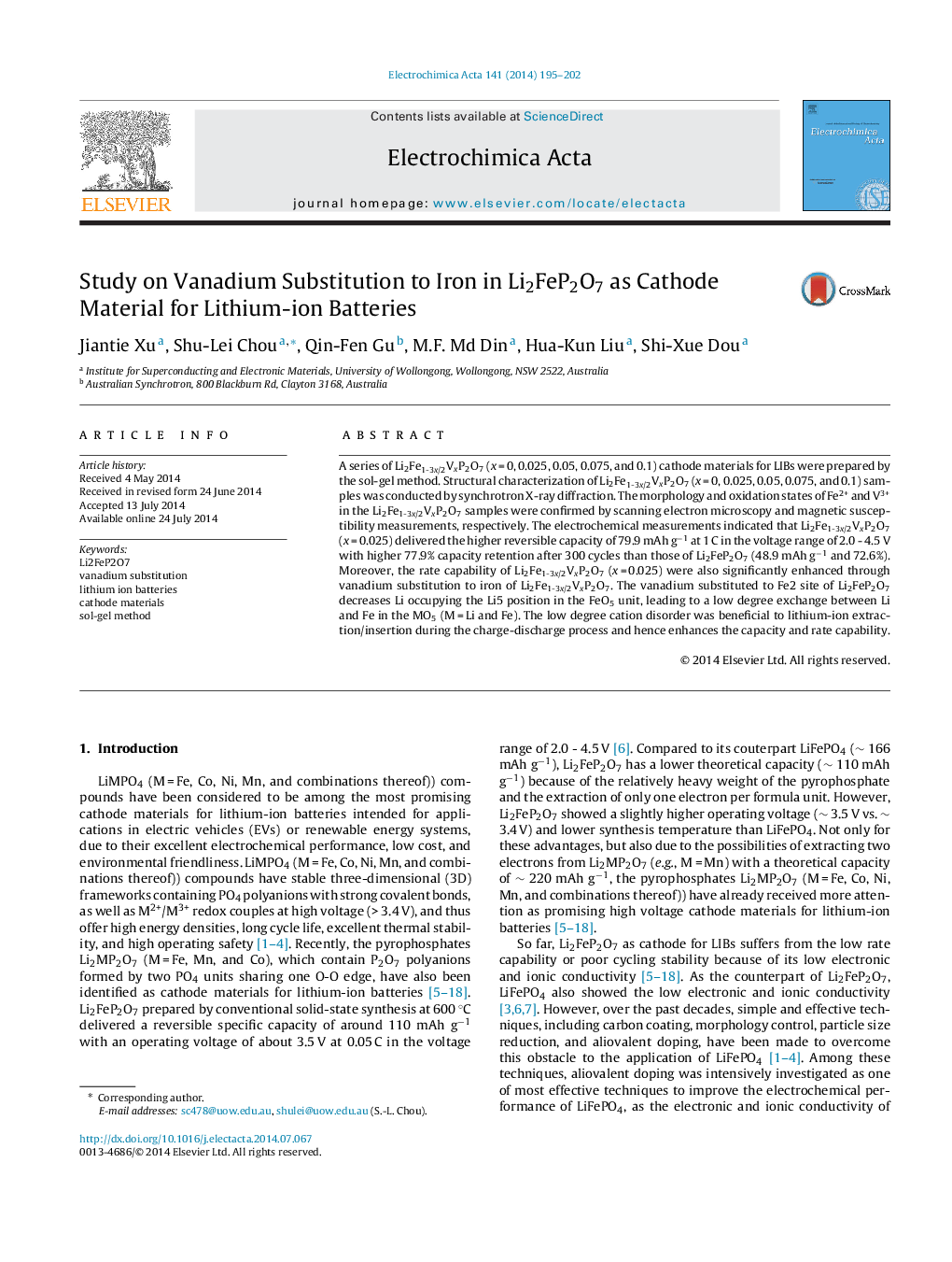 عکس صفحه اول مقاله: Study on Vanadium Substitution to Iron in Li2FeP2O7 as Cathode Material for Lithium-ion Batteries Study on Vanadium Substitution to Iron in Li2FeP2O7 as Cathode Material for Lithium-ion Batteries