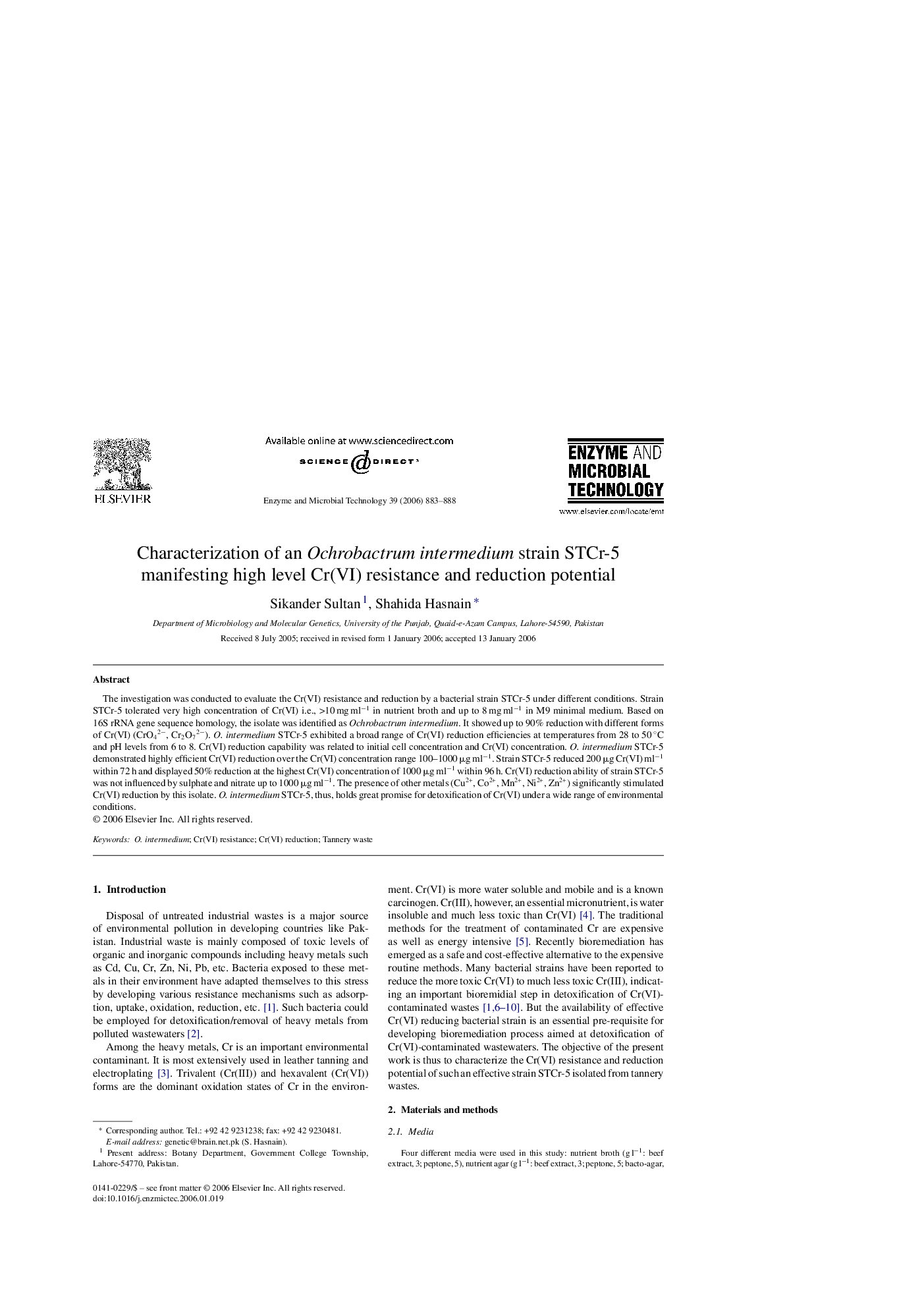 Characterization of an Ochrobactrum intermedium strain STCr-5 manifesting high level Cr(VI) resistance and reduction potential