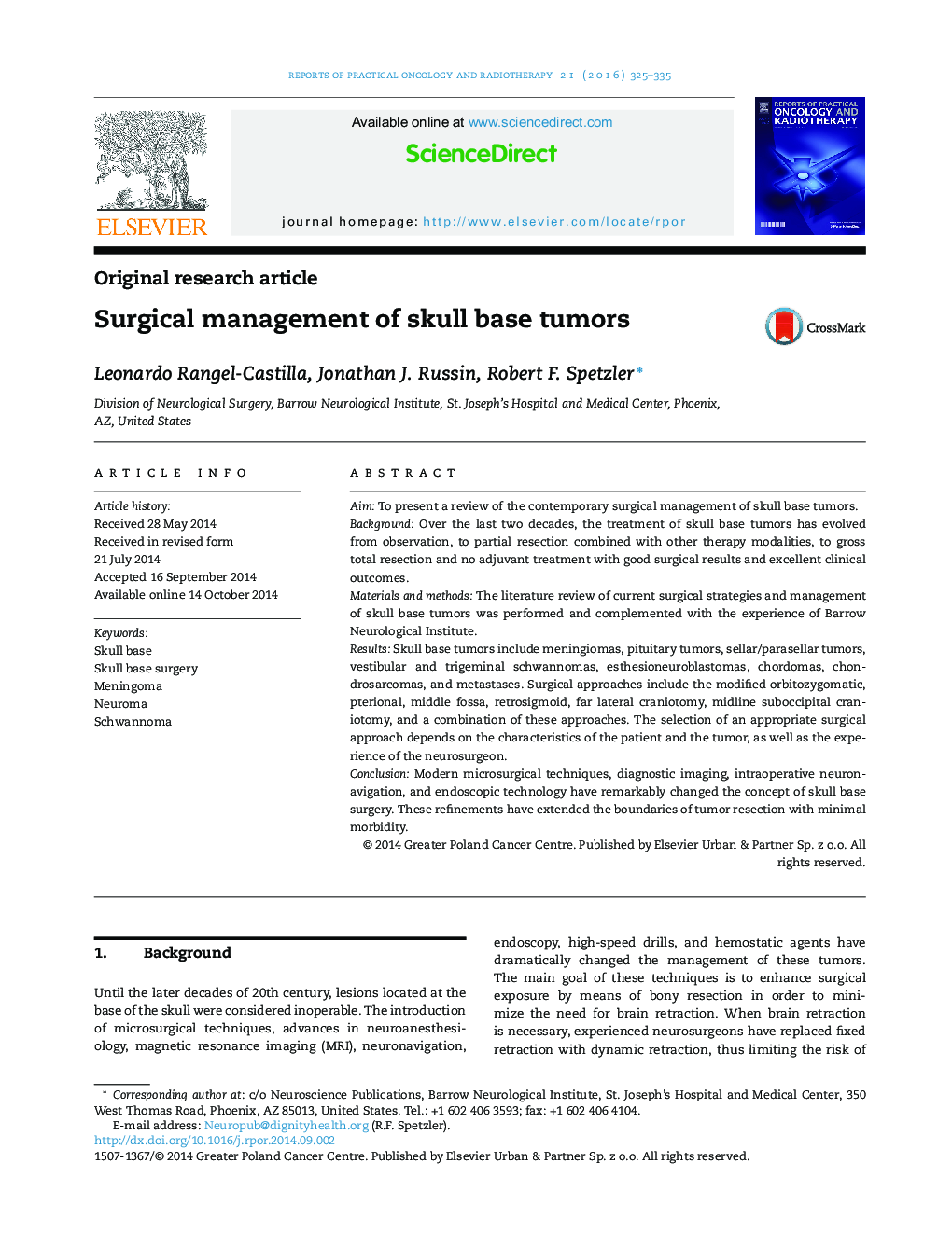 Surgical management of skull base tumors