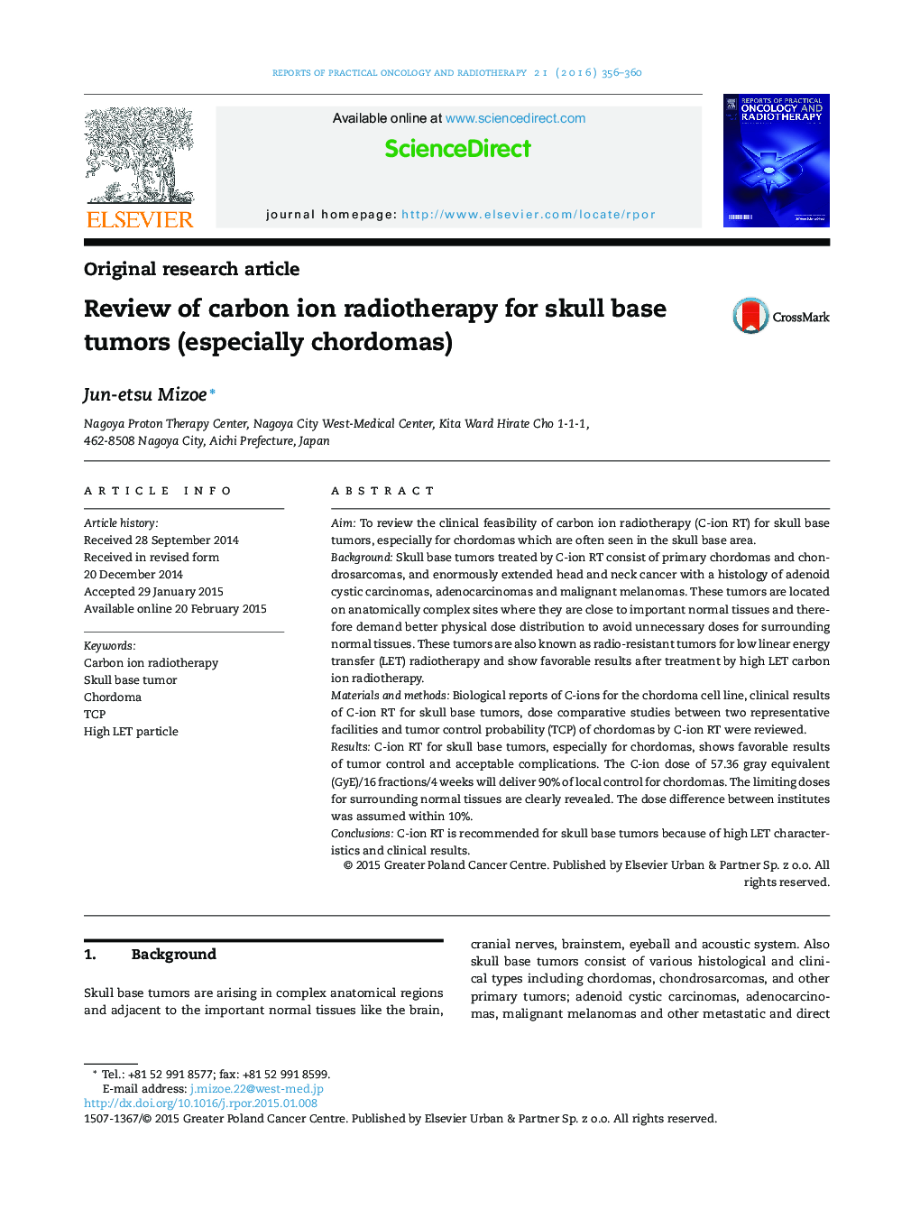 Review of carbon ion radiotherapy for skull base tumors (especially chordomas)