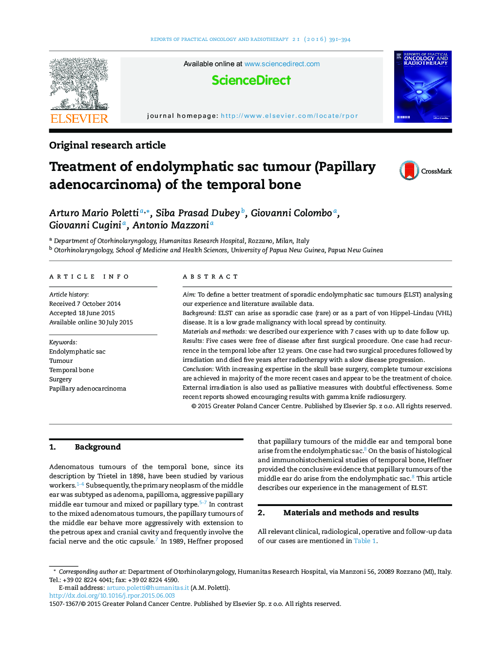 Treatment of endolymphatic sac tumour (Papillary adenocarcinoma) of the temporal bone