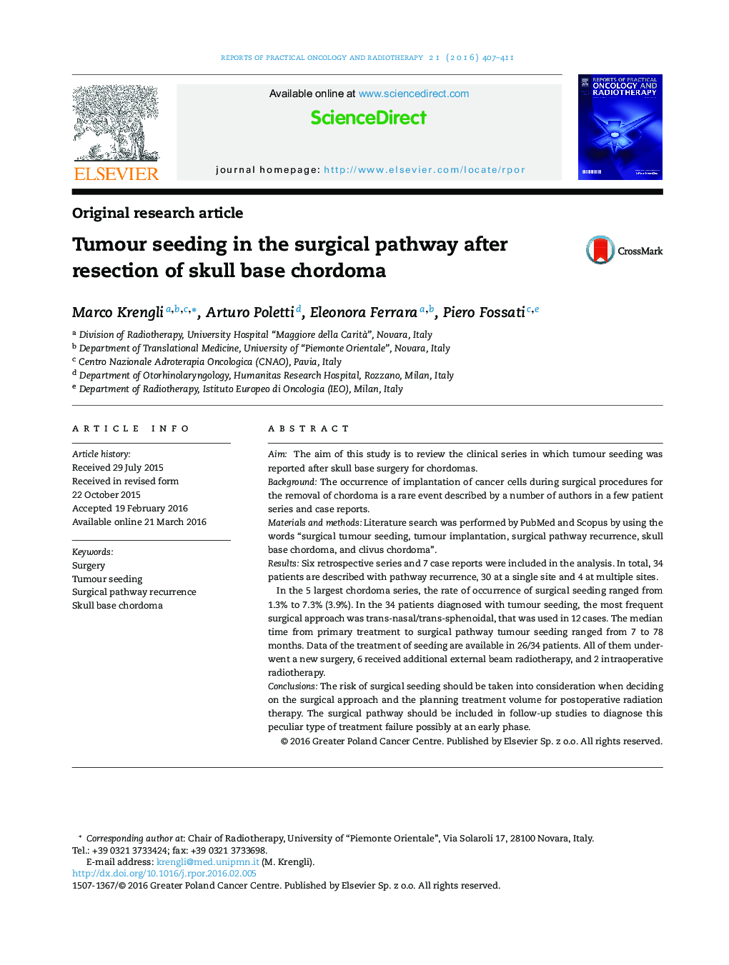 Tumour seeding in the surgical pathway after resection of skull base chordoma