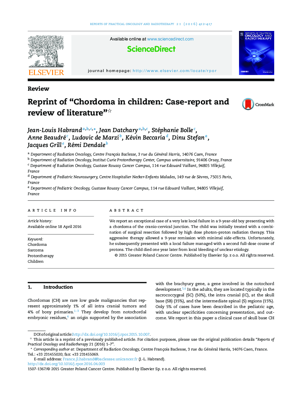 چاپ جدید از "Chordoma در کودکان: گزارش موردی و بررسی مقالات"