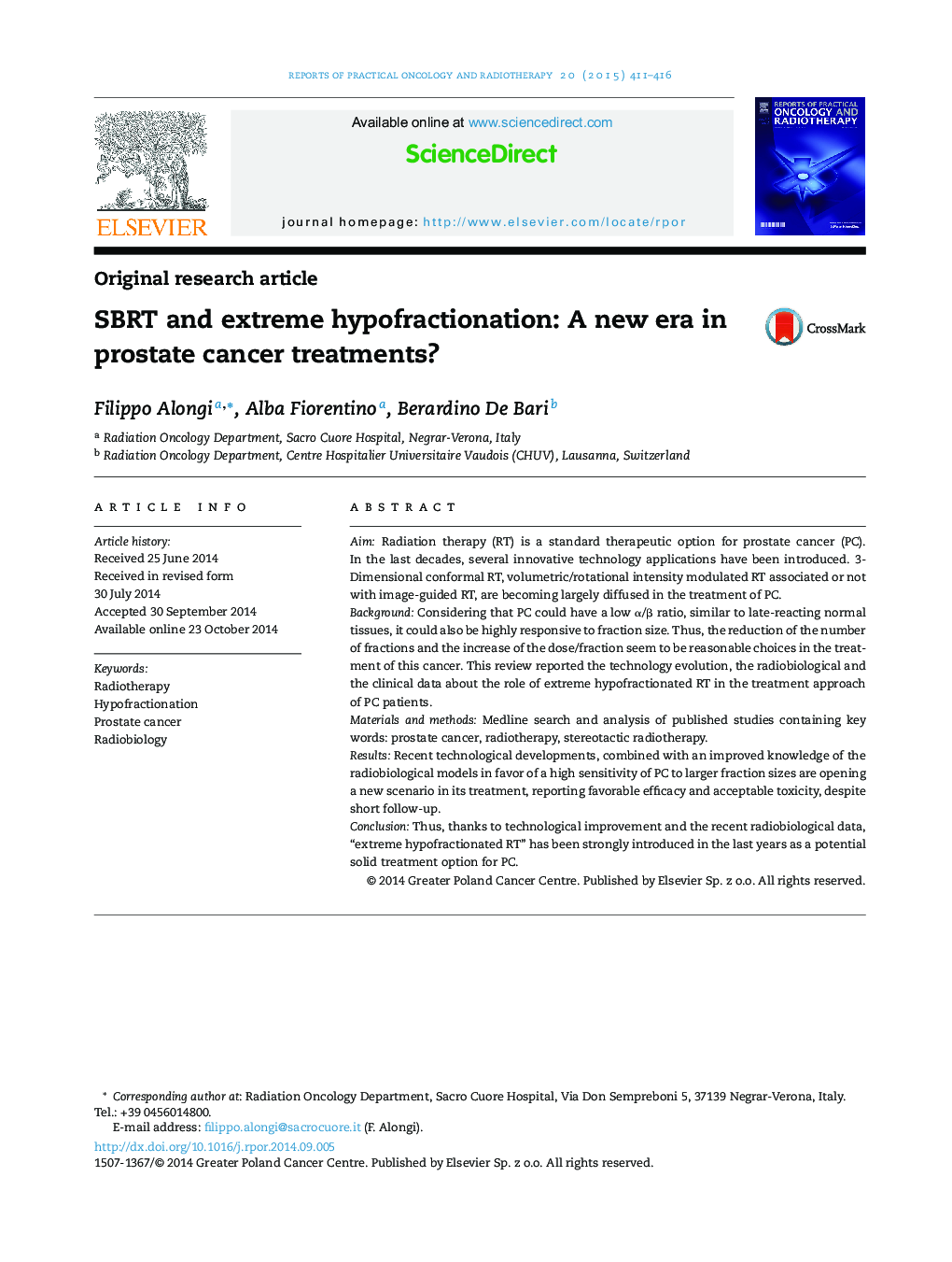SBRT and extreme hypofractionation: A new era in prostate cancer treatments?