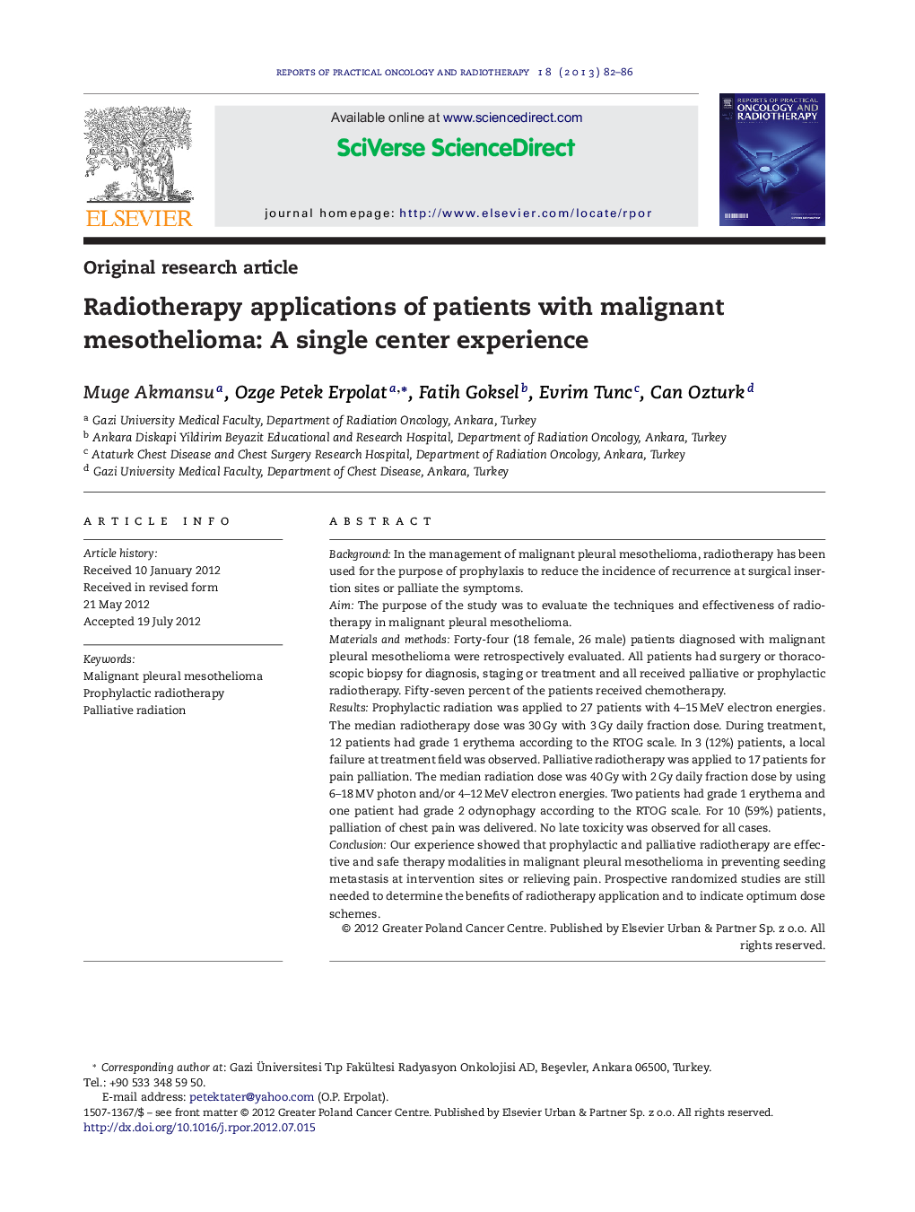 Radiotherapy applications of patients with malignant mesothelioma: A single center experience