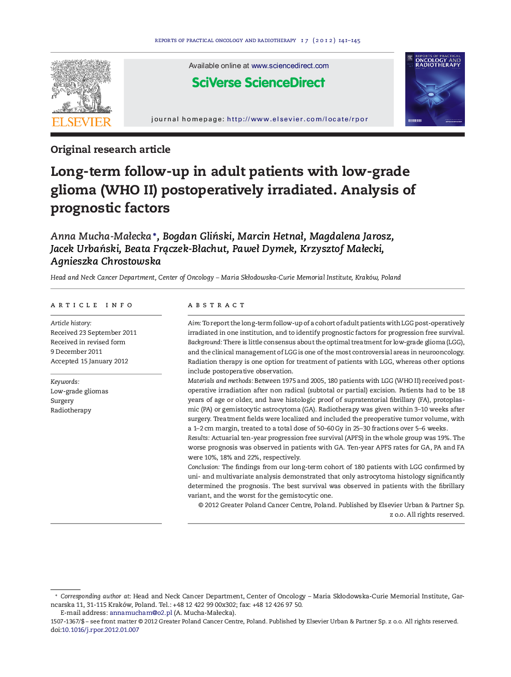 Long-term follow-up in adult patients with low-grade glioma (WHO II) postoperatively irradiated. Analysis of prognostic factors