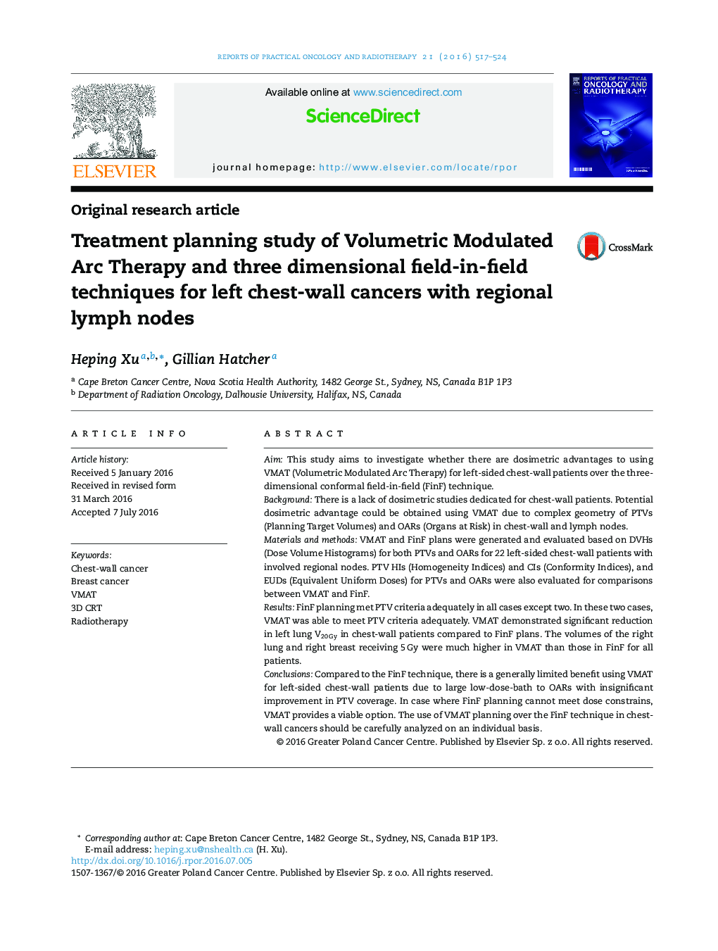 Treatment planning study of Volumetric Modulated Arc Therapy and three dimensional field-in-field techniques for left chest-wall cancers with regional lymph nodes