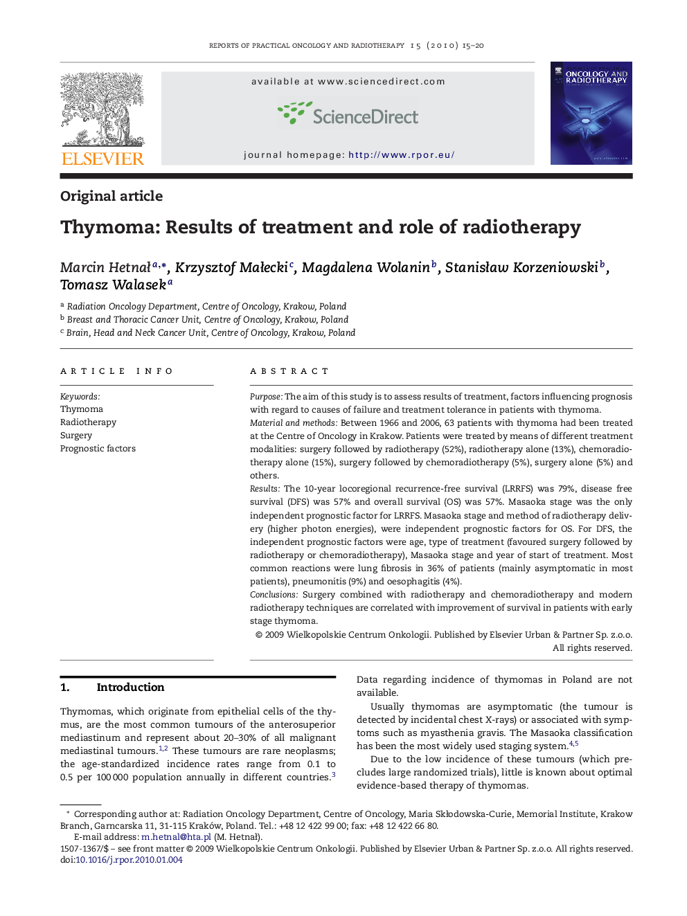 Thymoma: Results of treatment and role of radiotherapy