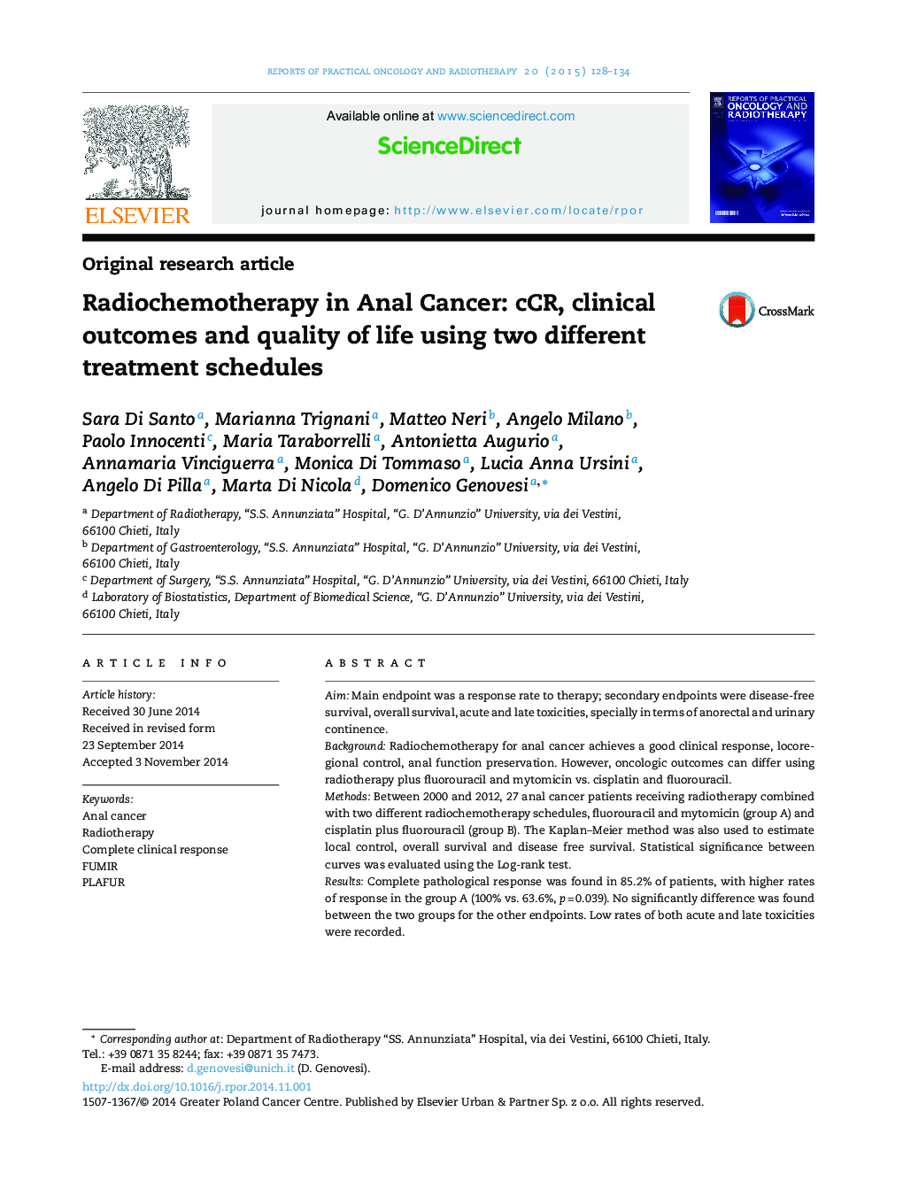 Radiochemotherapy in Anal Cancer: cCR, clinical outcomes and quality of life using two different treatment schedules