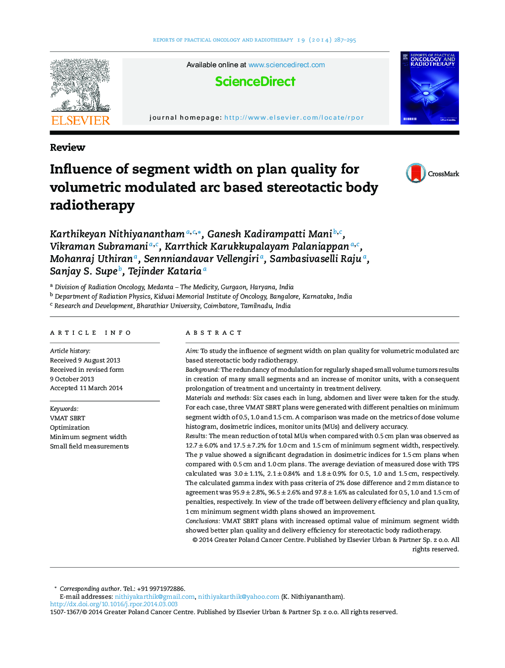 Influence of segment width on plan quality for volumetric modulated arc based stereotactic body radiotherapy